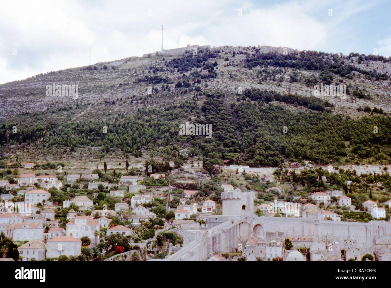 Ein malerischer Blick auf die historischen Stadtmauern und traditionellen Häuser von Dubrovnik, eingebettet unter dem üppigen Hügel des Berges Srđ in Kroatien (ehemals Jugoslawien), aufgenommen im August 1967. Stockfoto
