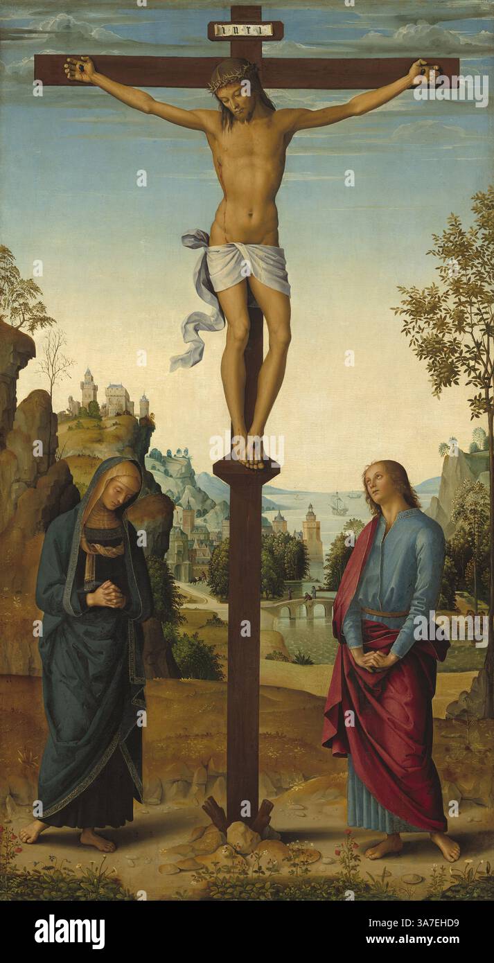 Pietro Perugino (Umbrisch, um 1450–1523), Kreuzigung mit der Jungfrau, dem Heiligen Johannes, dem Heiligen Jerome und der Heiligen Maria Magdalena [mittlere Platte], um 1482/1485, Öl auf Platte auf Leinwand übertragen, Sammlung Andrew W. Mellon 1937.1,27.b Stockfoto