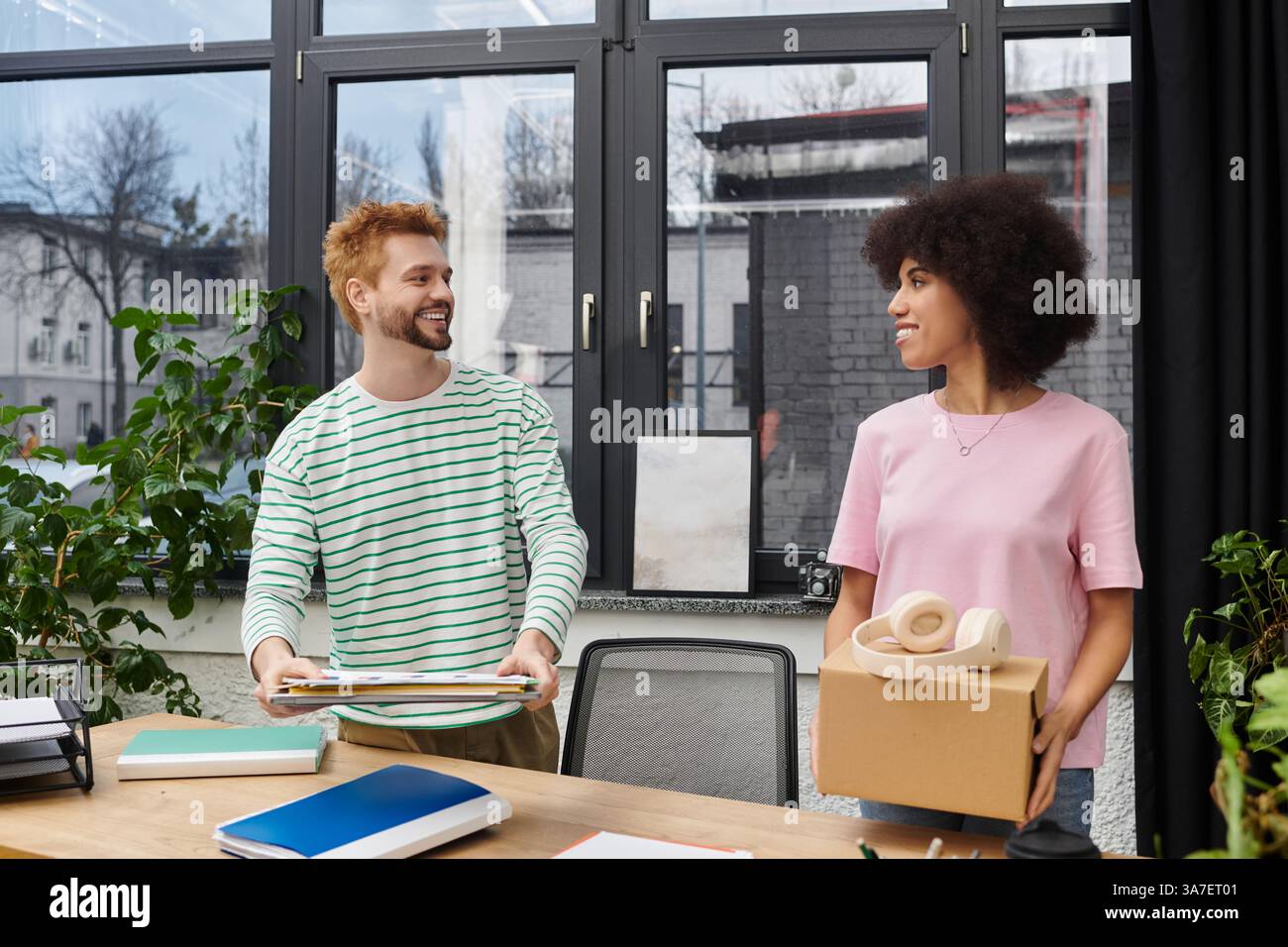 In einem modernen Büro, das mit Pflanzen gefüllt ist, arbeiten Freunde beim ein- und Auspacken von Kartons zusammen. Stockfoto