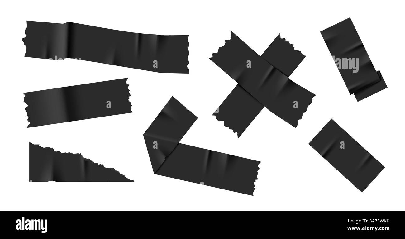 Schwarzes Klebeband-Collage. Helles Scotch Tape. Klebeband-Set. Vektorabbildung Stock Vektor
