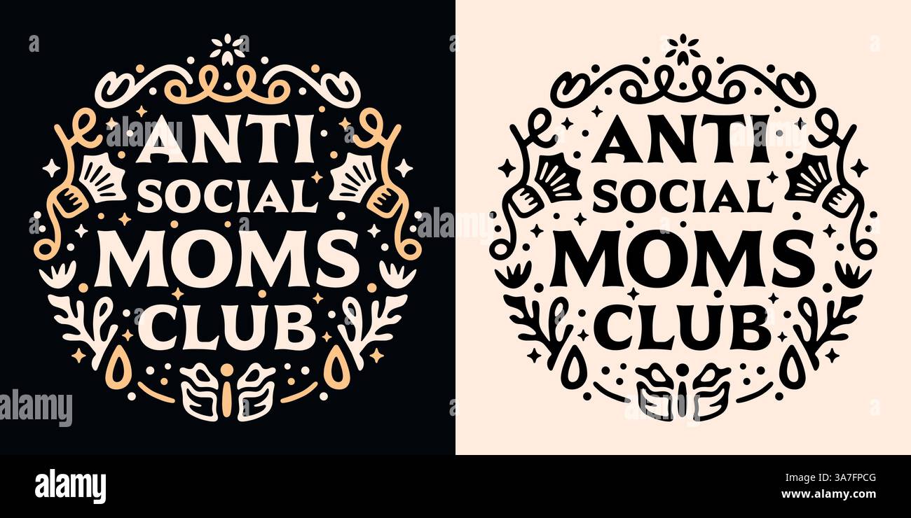 Anti-Social Mütter Club introvertiert antisoziales Mom Squad Retro Vintage Hexen Fantasy Leser ästhetische Mutter lustige Zitate druckbare Textabzeichen Aufkleber. Stock Vektor