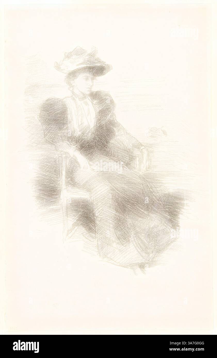 Eine elegant gekleidete Frau sitzt anmutig in einem Stuhl, verziert in einem fließenden Kleid mit einem großen, dekorativen Hut, der ein Gefühl von Pose und Besinnung ausstrahlt., Klassische Kunst mit einem modernen Twist neu interpretiert von Artotop, A Portrait: Mildred Howells, 1894/96, James McNeill Whistler, amerikanisch, 1834-1903, Vereinigte Staaten, Lithographie in Schwarz mit Schaben, auf elfenbeinfarbenem Papier Stockfoto