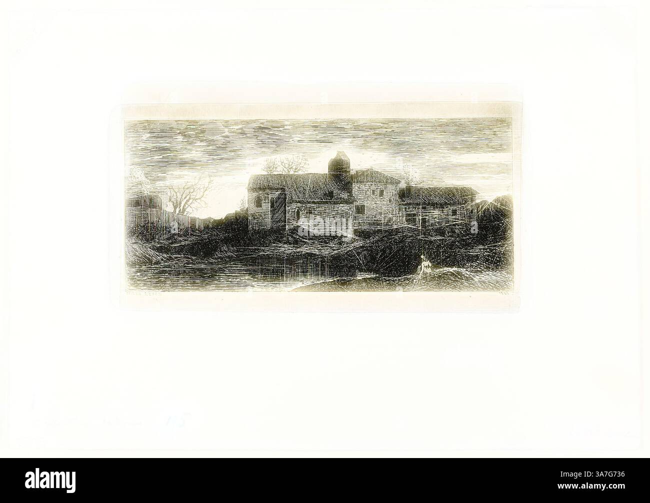 In einer ruhigen Landschaft befindet sich ein alter Bauernhof mit einer Ansammlung von Gebäuden vor einem strukturierten Himmel. Wackelige Wolken ziehen über sich, während eine Figur entlang der Küste spaziert und der rustikalen Szene ein Gefühl von Skala verleiht. Das Zusammenspiel von Licht und Schatten hebt die verwitterten Strukturen und die umgebenden Naturelemente hervor., Klassische Kunst mit modernem Twist neu interpretiert von Artotop, Kapelle und Pilgerhospiz in Harambeltz (Baß-Pyrenäen), 1866, Odilon Redon, Französisch, 1840-1916, Frankreich, Ätzen auf cremefarbenem Porzellanpapier auf weißem Webpapier Stockfoto