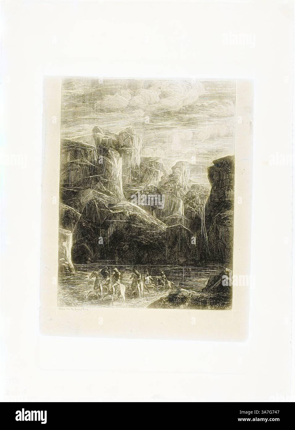 Eine zerklüftete Landschaft mit hohen Klippen und dramatischen Felsformationen, mit einer Gruppe von Figuren, die durch einen Fluss oder See im Vordergrund navigieren, vor einem stimmungsvollen Himmel voller Wolken. Die Szene vermittelt ein Gefühl des Abenteuers und der Schönheit der Pracht der Natur., Klassische Kunst mit einem modernen Twist neu interpretiert von Artotop, The Ford: Landscape with Horsemen, 1866, Odilon Redon, Französisch, 1840-1916, Frankreich, Ätzen auf aufgehängtem cremefarbenen Porzellanpapier Stockfoto