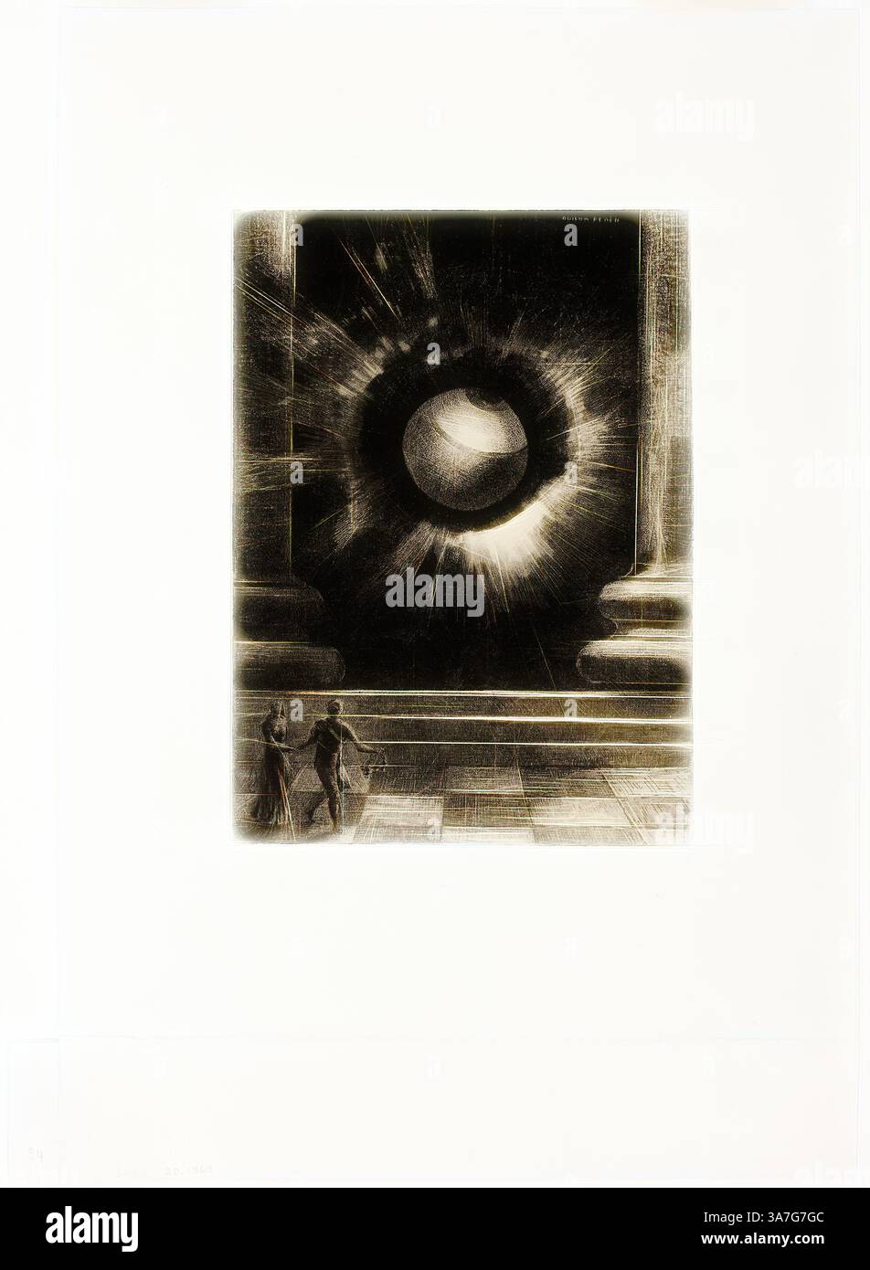 Eine geheimnisvolle Kugel strahlt Lichtstrahlen aus, die vor einer monumentalen Kulisse stehen, die auf Größe und Isolation hindeutet. Zwei Figuren stehen im Vordergrund und blicken auf das rätselhafte Objekt und erwecken ein Gefühl des Staunens und der Erkundung. Die Atmosphäre ist voller Intrigen und Möglichkeiten., klassische Kunst mit modernem Touch neu interpretiert von Artotop, Vision, Platte Eight aus in Dreams, 1879, Odilon Redon, Französisch, 1840-1916, Frankreich, Lithographie auf aufgehängtem cremefarbenen Porzellanpapier Stockfoto