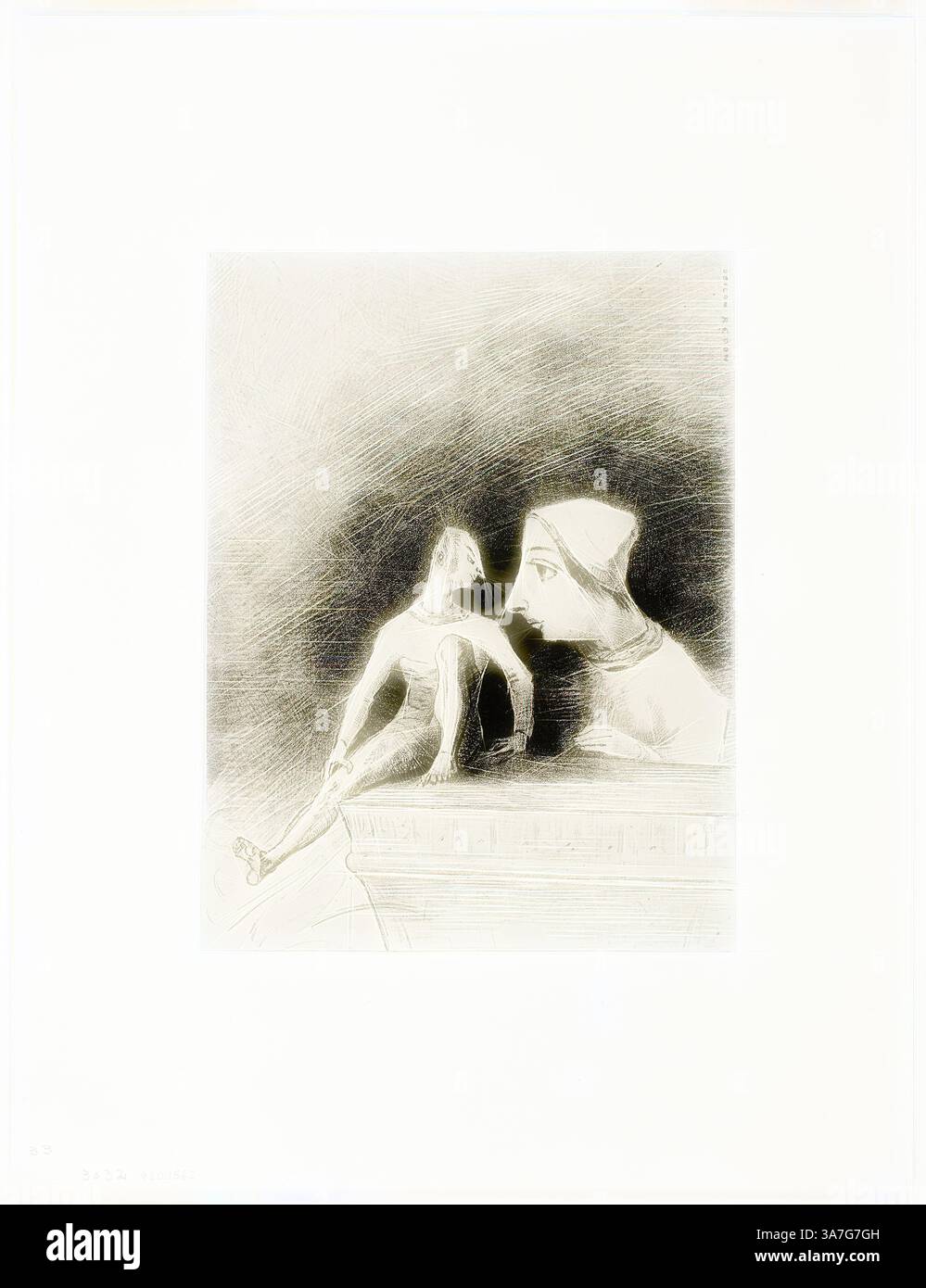 Eine surreale Landschaft mit einer abstrakten Figur, die auf einem Felsvorsprung sitzt und auf ein größeres, rätselhaftes Gesicht blickt, das aus dem schattigen Hintergrund auftaucht und ein Gefühl von Introspektion und Geheimnis schafft., Klassische Kunst mit modernem Twist neu interpretiert von Artotop, Felinness, Platte sieben aus in Dreams, 1879, Odilon Redon, Französisch, 1840-1916, Frankreich, Lithographie auf montiertem Elfenbein-Porzellanpapier Stockfoto