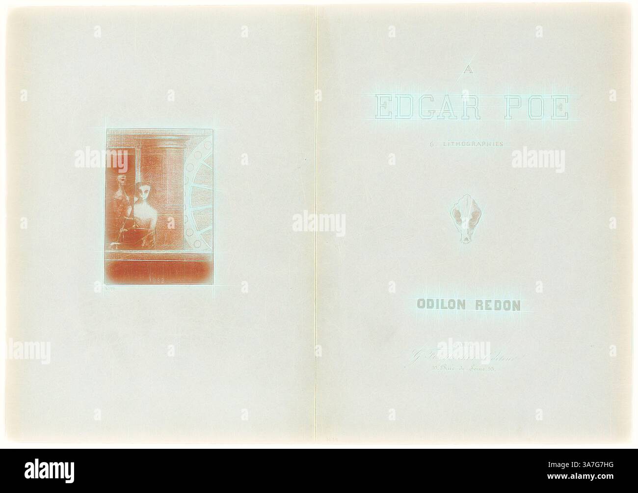 Eine Vintage-Bucheröffnung mit einer Titelseite mit dem Namen „Edgar Poe“ und dem Namen „Odilon Redon“. Auf der linken Seite befindet sich eine künstlerische Illustration, die auf eine Verbindung zu den literarischen Werken Poes hindeutet. Das Gesamtdesign spiegelt eine ätherische Qualität wider und verbindet Text mit Bildern., Klassische Kunst mit einem modernen Twist neu interpretiert von Artotop, Portfolio Cover, from to Edgar Poe, 1882, Odilon Redon, Französisch, 1840-1916, Frankreich, zweifach gefalteter Portfolioeinband mit lithographischem Text und Bildern auf Vorder- und Rückseite, in Ziegelrot auf blau-grünem Webpapier gedruckt Stockfoto