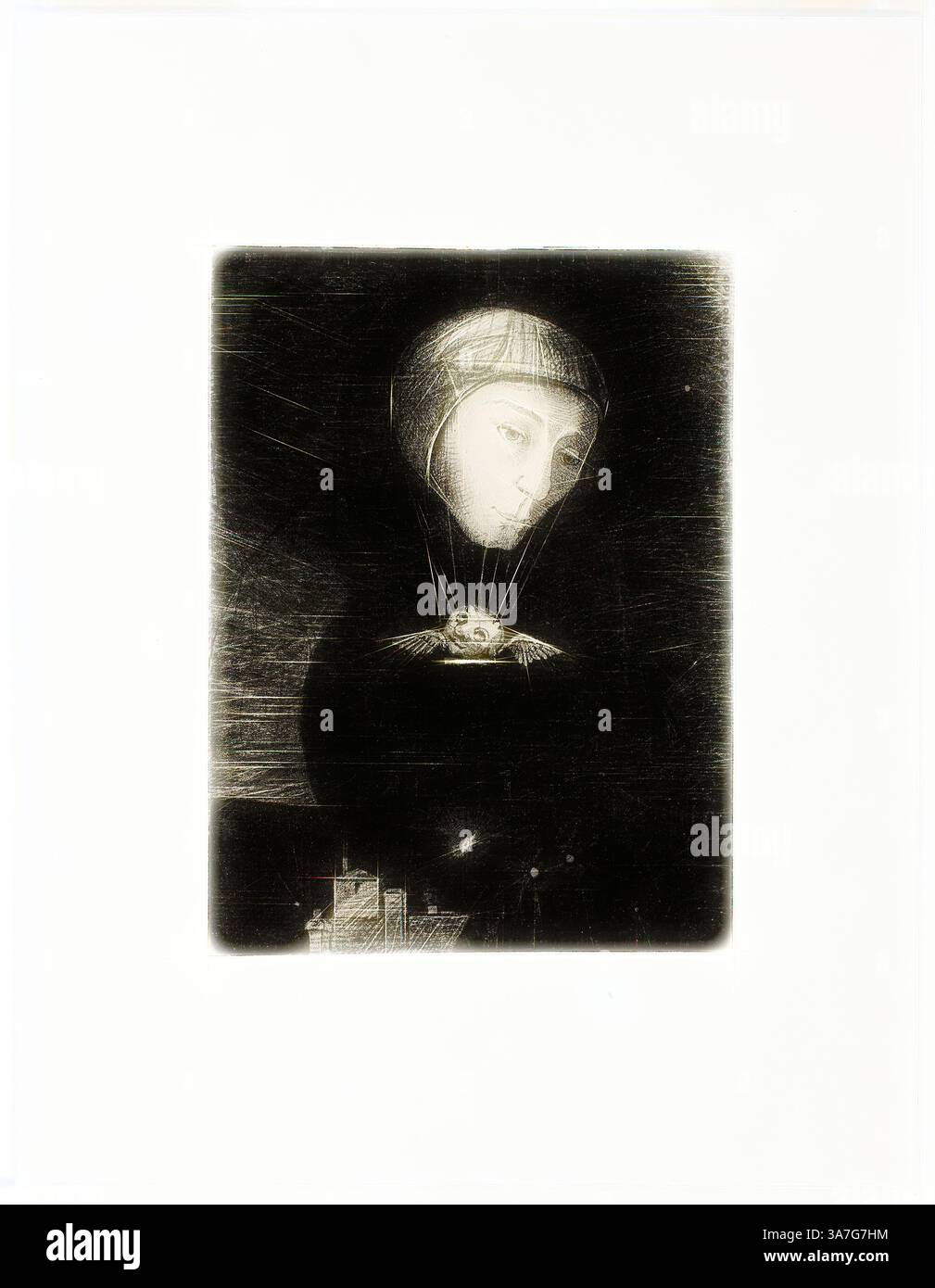 Eine ätherische Figur mit heiterem Ausdruck, verziert mit einem Kopfschmuck, blickt nachdenklich, während ein kleiner Vogel nahe ihrem Herzen schwebt. Unter ihr deuten abstrakte Formen auf eine Landschaft hin, die einen Kontrast zwischen der Figur und der Umgebung schaffen. Das Zusammenspiel von Licht und Schatten verstärkt die mystische Atmosphäre., Klassische Kunst mit einem modernen Twist, neu interpretiert von Artotop, traurige Ascent, Platte neun aus in Dreams, 1879, Odilon Redon, Französisch, 1840-1916, Frankreich, Lithographie auf montiertem Elfenbein-Porzellanpapier Stockfoto