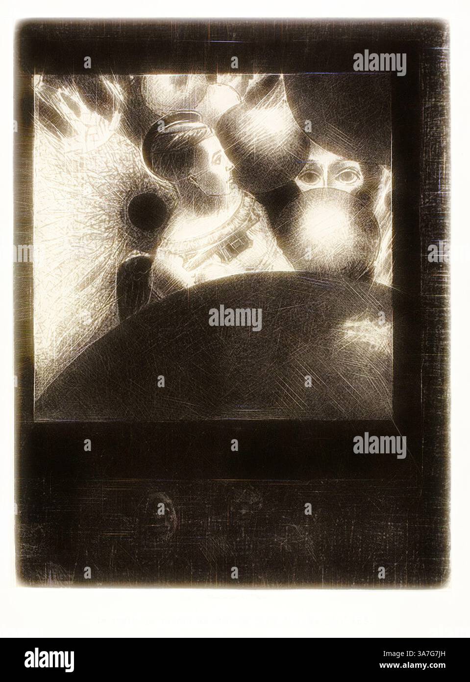 Eine abstrakte Komposition besteht aus einer zentralen Figur, die von einem Wirbel rätselhafter Formen und Gesichter umgeben ist und ein Gefühl von Mysterium und Introspektion schafft. Das Zusammenspiel von Licht und Schatten verbessert die traumhafte Qualität der Szene., Klassische Kunst mit modernem Twist, neu interpretiert von Artotop, in den Sphären (der Atem, der Lebewesen führt, ist auch in den Sphären), Platte fünf von to Edgar Poe, 1882, Odilon Redon, Französisch, 1840-1916, Frankreich, Lithografie in Schwarz auf elfenbeinfarbenem Porzellanpapier, gelegt auf weißem Webpapier Stockfoto