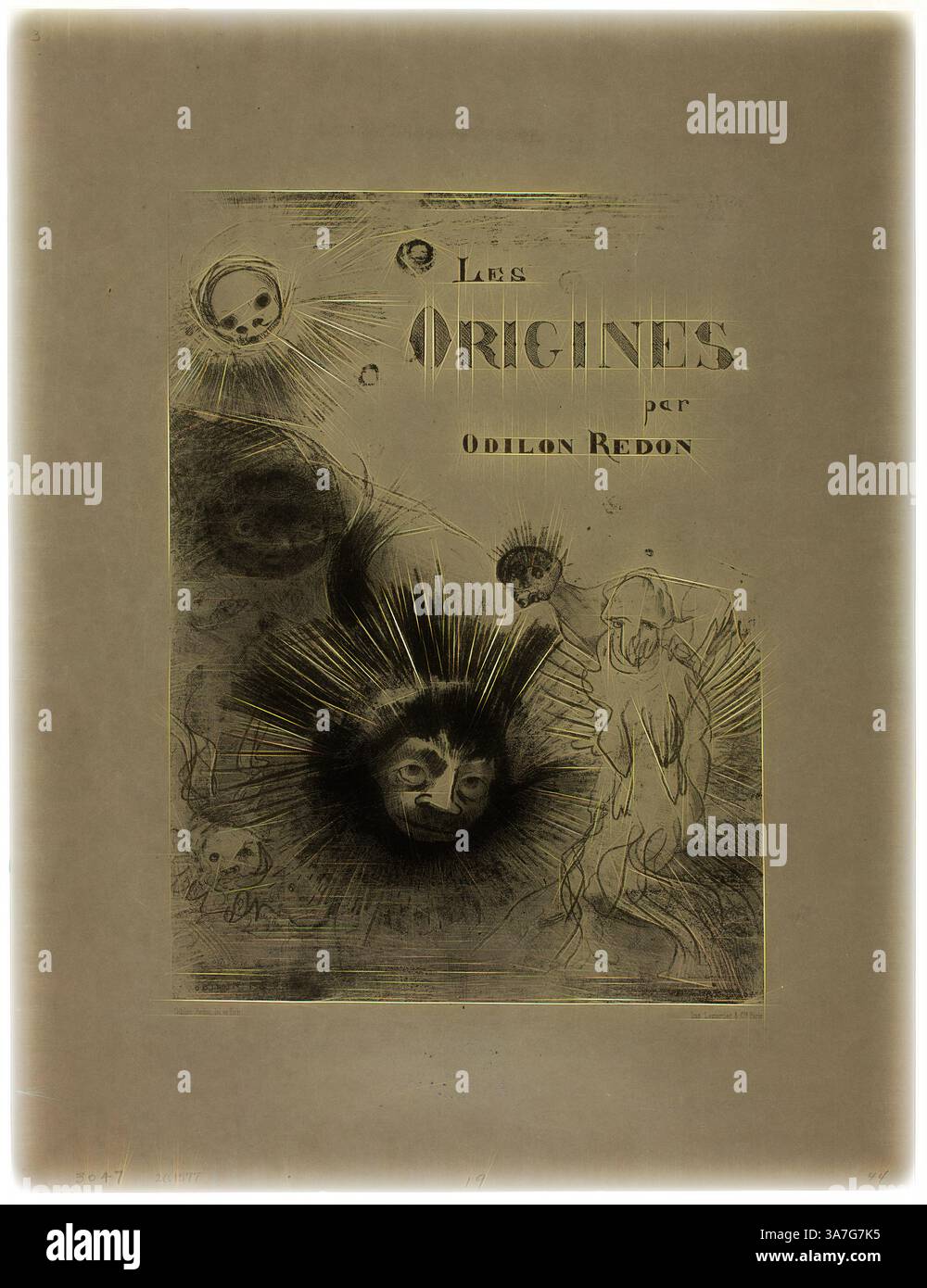 Ein künstlerisches Cover mit surrealen Bildern, einschließlich einer zentralen Figur mit einem Löwengesicht, umgeben von himmlischen Elementen und ätherischen Formen, begleitet von Text, der auf den Titel „Les Origines“ von Odilon Redon verweist. Die Komposition weckt ein Gefühl des Geheimnisses und der Erforschung von Themen, die mit der Existenz zusammenhängen., Klassische Kunst mit einem modernen Twist neu interpretiert von Artotop, Cover-Frontispiece für Les Origines, 1883, Odilon Redon, Französisch, 1840-1916, Frankreich, Lithographie in Schwarz auf dunkelgrauem Webpapier Stockfoto