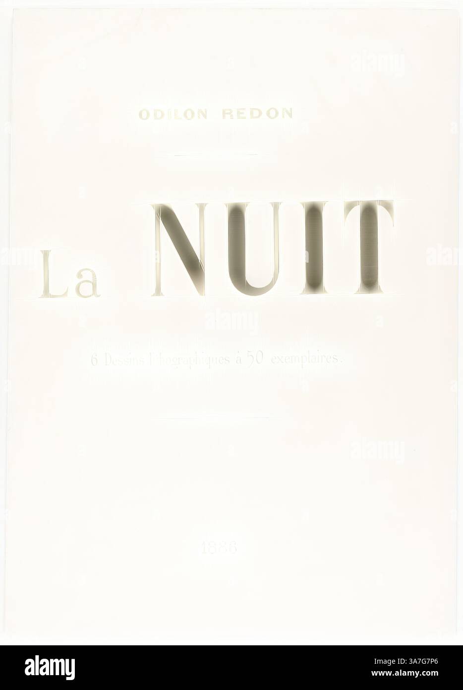 Ein minimalistisches Cover, auf dem der Titel „La NUIT“ hervorgehoben ist, mit dem Namen „ODILON REDON“ und zusätzlichem Text subtil eingearbeitet ist. Das Design betont Einfachheit und Eleganz und spiegelt ein ruhiges Nachtthema wider., Klassische Kunst mit modernem Touch neu interpretiert von Artotop, Cover für La Nuit, 1886, Odilon Redon, Französisch, 1840-1916, Frankreich, zweifach gefalteter Portfolioeinband mit schwarz lithographiertem Text auf cremefarbenem Webpapier Stockfoto