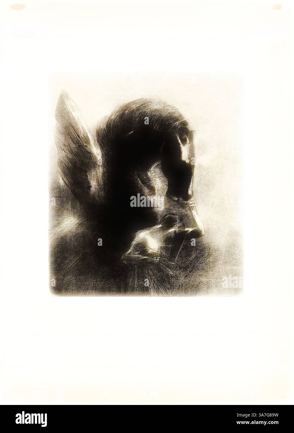 Eine eindrucksvolle Darstellung des Pferdekopfes, hervorgehoben durch schattige Konturen und ätherische Flügel, die ein Gefühl von Anmut und Mystik ausstrahlen. Die Komposition erinnert an eine traumhafte Qualität, die Elemente von Realität und Fantasie vereint. Klassische Kunst mit einem modernen Twist neu interpretiert von Artotop, Captive Pegasus, 1889, Odilon Redon, Französisch, 1840-1916, Frankreich, Lithografie in Schwarz auf cremefarbenem Porzellanpapier gelegt auf cremefarbenem Webpapier Stockfoto