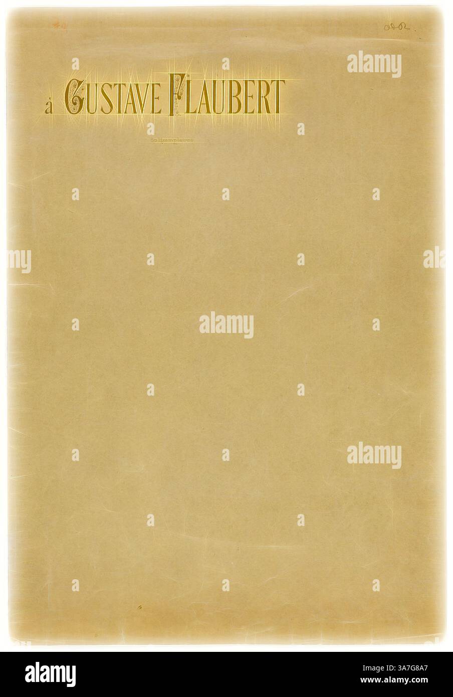 Das Bild hat einen strukturierten, hellen Hintergrund mit eleganter Typografie, die oben den Namen „Gustave Flaubert“ zeigt, was auf eine Widmung oder Titelseite des berühmten Autors hindeutet., Klassische Kunst mit modernem Touch neu interpretiert von Artotop, Portfoliocover für Einen Gustave Flaubert (Tentation de Saint-Antoine), 1888, Odilon Redon, Französisch, 1840-1916, Frankreich, zweifach gefalteter Portfolioeinband mit lithographischem Text, schwarz auf grünem Webpapier Stockfoto