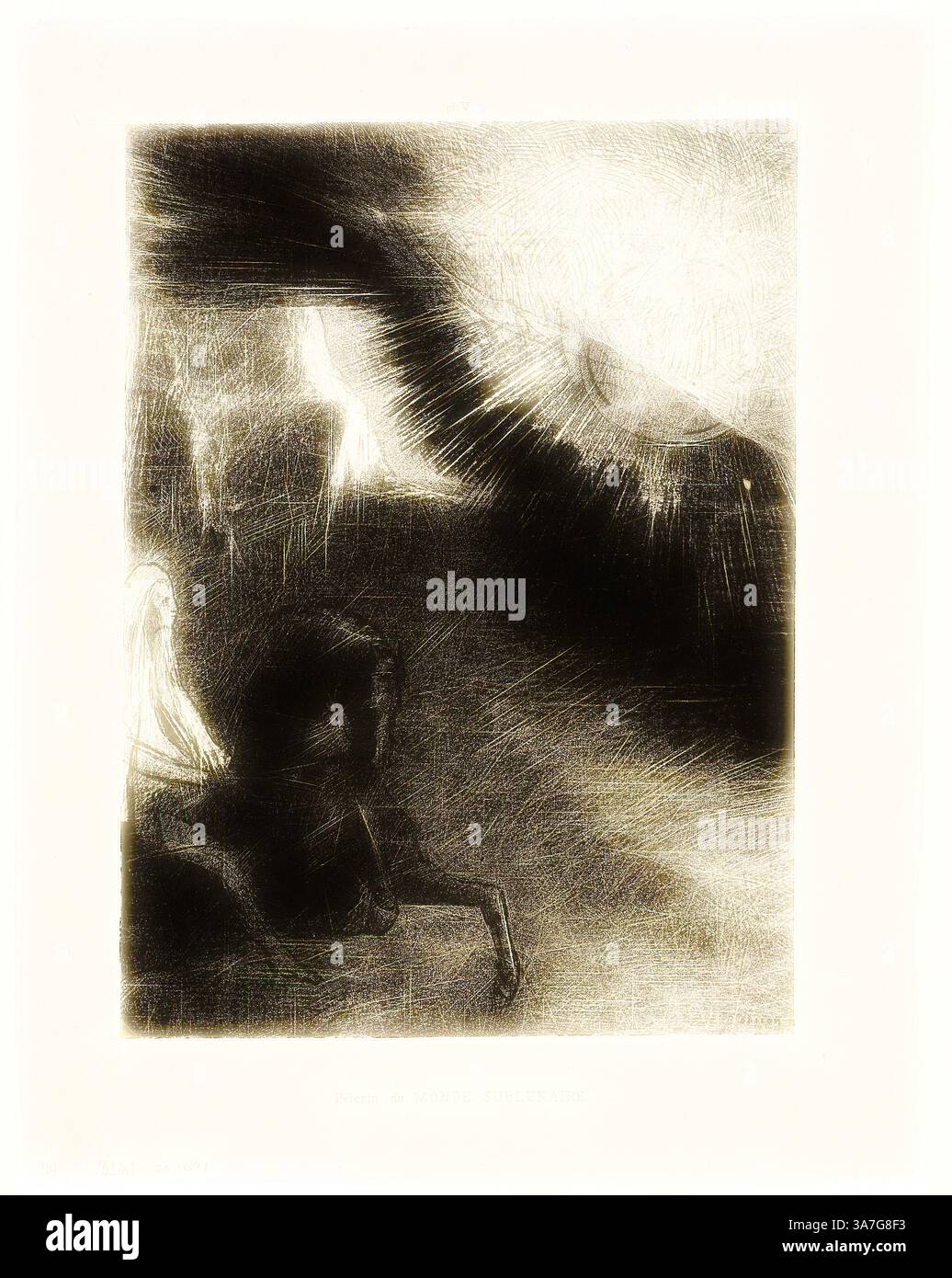 Ein dynamisches Zusammenspiel von Licht und Schatten erzeugt ein Gefühl von Tiefe und Geheimnis, mit abstrakten Formen, die Bewegung und Emotionen suggerieren. Die Szene ruft eine kontemplative Atmosphäre hervor und lädt die Zuschauer ein, die Beziehungen zwischen den Figuren und ihrer Umgebung zu interpretieren., Klassische Kunst mit modernem Twist neu interpretiert von Artotop, Pilgrim of the Sublunary World, Plate 5 of 6, 1891, Odilon Redon, Französisch, 1840-1916, Frankreich, Lithographie in Schwarz auf hellgrauem Chine Stockfoto