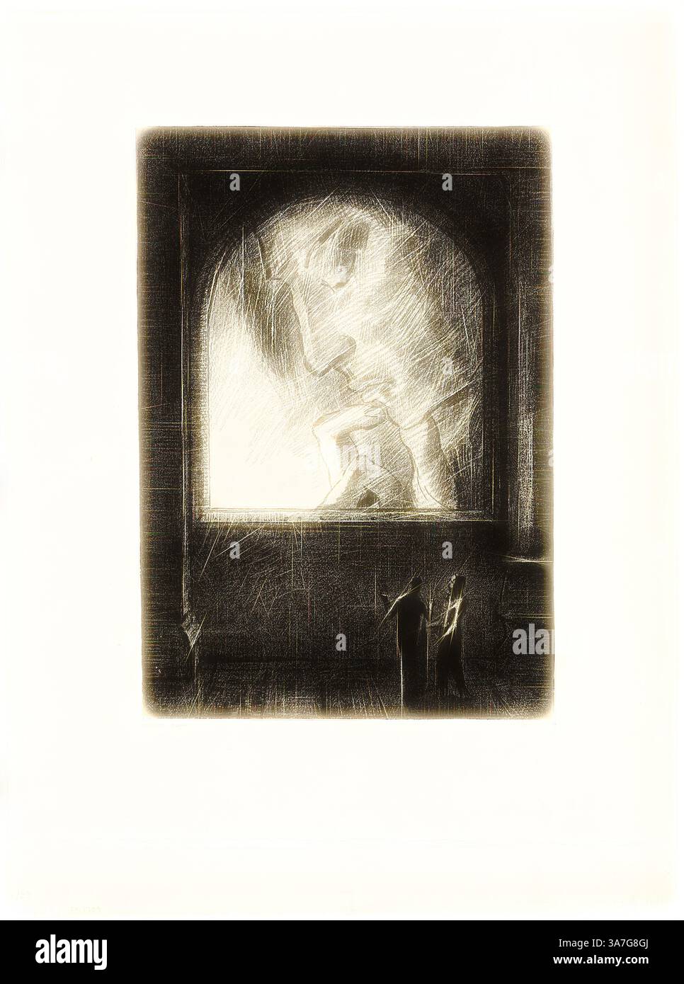 Eine kontemplative Figur blickt nachdenklich aus einem Fenster, eingerahmt von einem Bogengang, während weiche, strukturierte Linien ein Gefühl von Introspektion und Tiefe erzeugen., Klassische Kunst mit modernem Twist neu interpretiert von Artotop, Light, 1893, Odilon Redon, Französisch, 1840-1916, Frankreich, Lithografie in Schwarz auf cremefarbenem Porzellanpapier gelegt auf cremefarbenem Webpapier Stockfoto