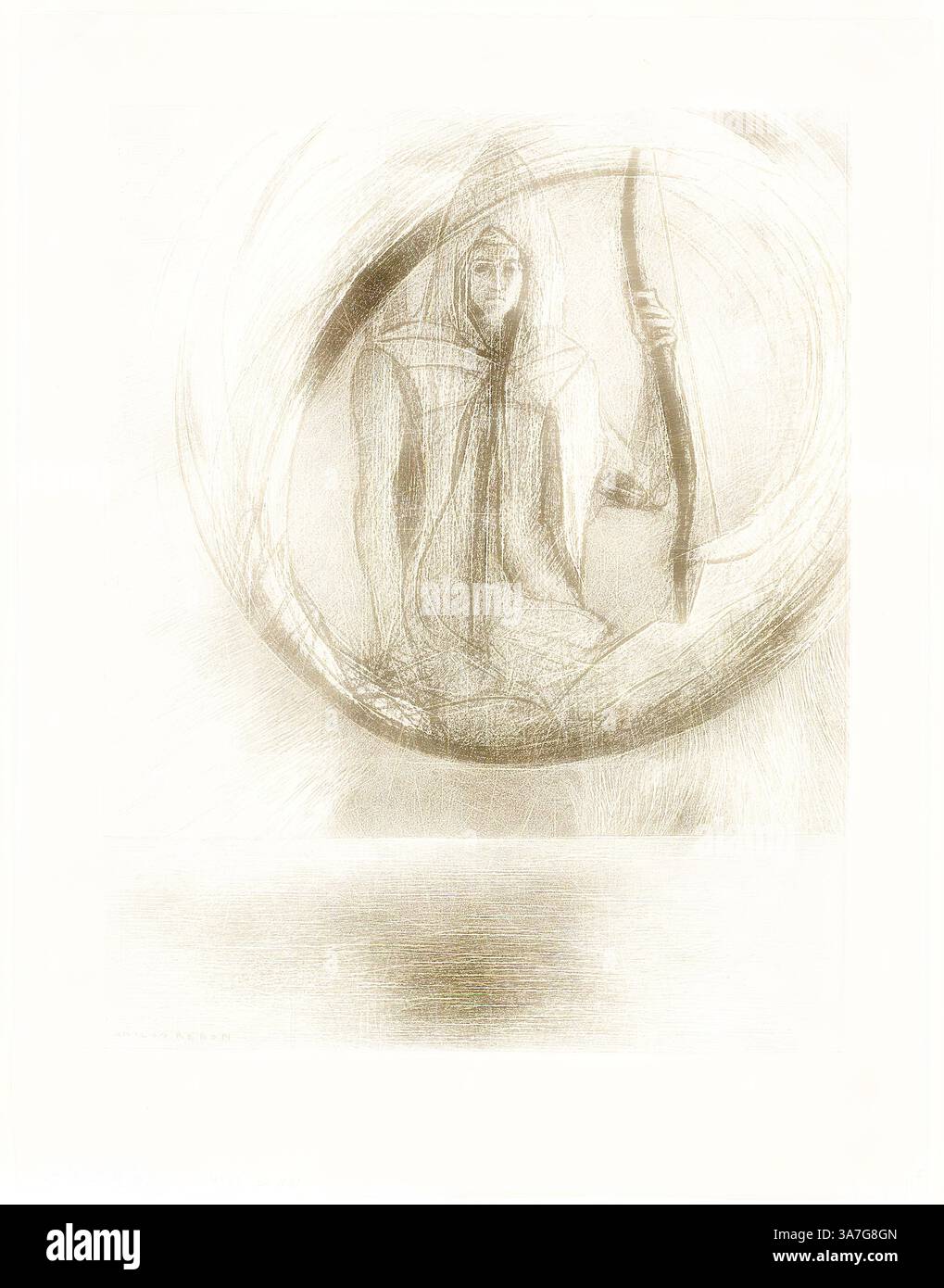 Eine Figur mit Kapuze sitzt anmutig in einem kreisförmigen Rahmen und schwingt eine Schleife mit heiterem Ausdruck. Die Mischung aus sanften Linien und sanften Schatten schafft eine mystische Atmosphäre, die auf Themen wie Abenteuer und Besinnung hinweist., Klassische Kunst mit modernem Touch, neu interpretiert von Artotop, und darüber hinaus, das Astral Idol, die Apotheose, Platte 2 von 6, 1891, Odilon Redon, Französisch, 1840-1916, Frankreich, Lithographie in Schwarz auf cremeweißem Webpapier Stockfoto