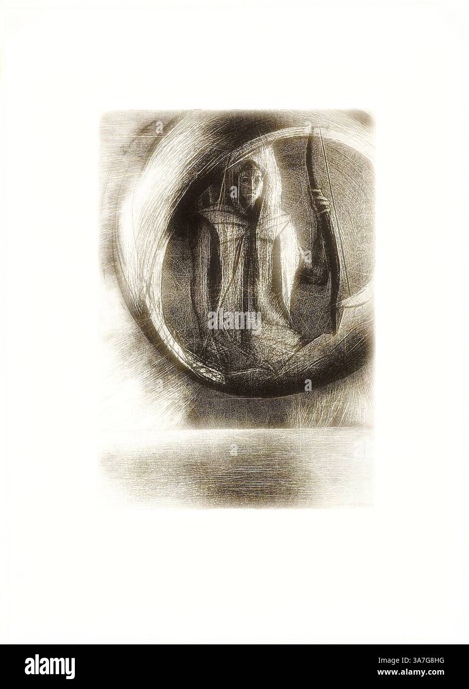 Eine geheimnisvolle Figur im Schatten hält einen Bogen in einem kreisrunden Rahmen, der ein Gefühl von Intrige und Anderswelt weckt. Das Zusammenspiel von Licht und Form verleiht der Komposition Tiefe und deutet auf Themen von Zeit und Schicksal hin., Klassische Kunst mit einem modernen Twist, neu interpretiert von Artotop, und darüber hinaus, das Astral Idol, die Apotheose, Platte 2 von 6, 1891, Odilon Redon, Französisch, 1840-1916, Frankreich, Lithografie in Schwarz auf elfenbeinfarbenem Porzellanpapier, gelegt auf cremeweißem Webpapier Stockfoto