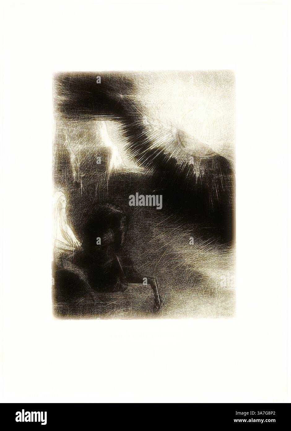 Eine Figur sitzt im Schatten, umgeben von einem Wirbel aus Licht und Textur, die eine geheimnisvolle Atmosphäre schafft, die auf eine unbekannte Erzählung hinweist., Klassische Kunst mit einer modernen Note neu interpretiert von Artotop, Pilger der Unterwelt, Platte 5 von 6, 1891, Odilon Redon, Französisch, 1840-1916, Frankreich, Lithografie in Schwarz auf elfenbeinfarbenem Porzellanpapier gelegt auf elfenbeinfarbenem Webpapier Stockfoto