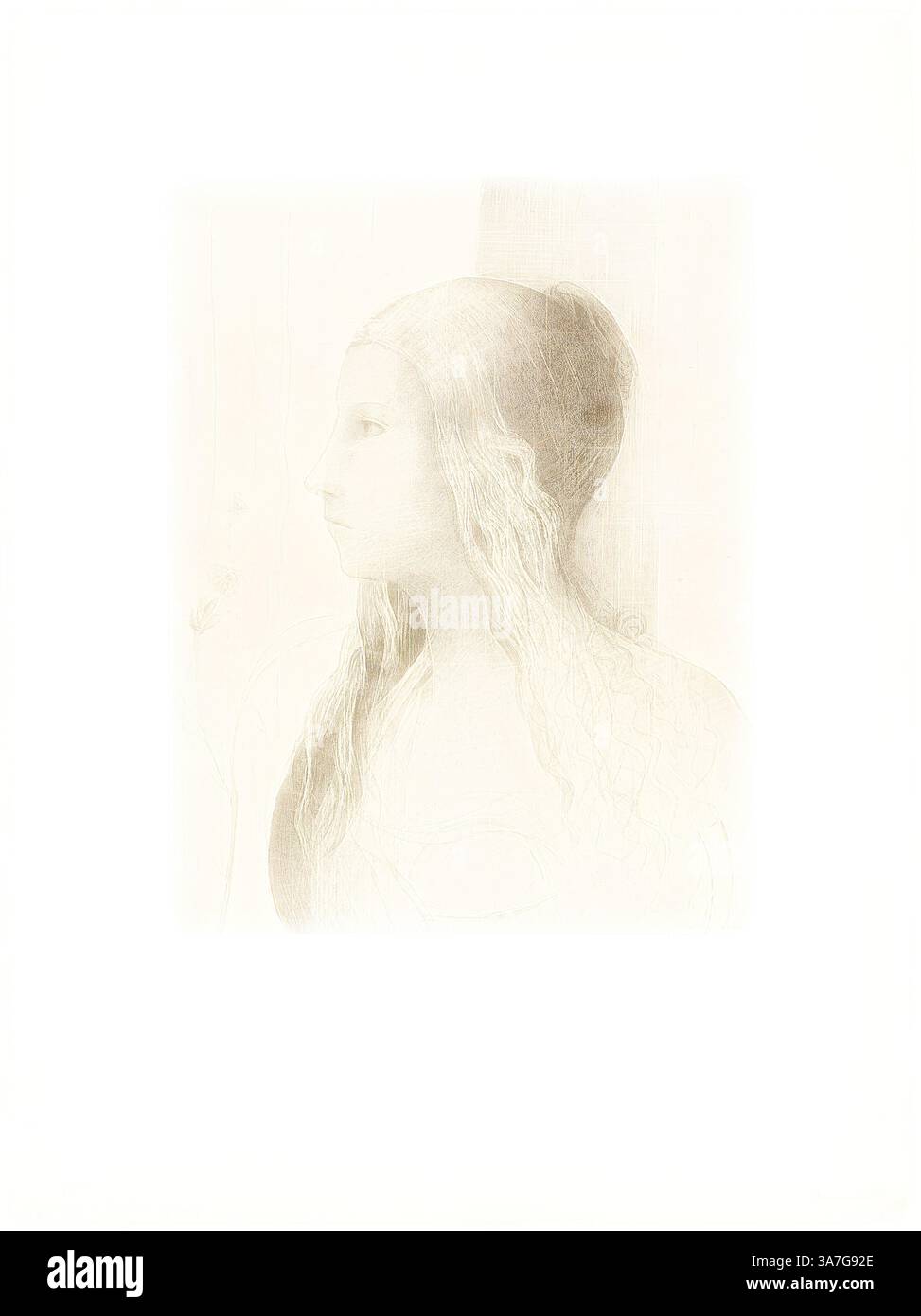 Ein sanft gerendertes Porträt einer jungen Frau mit zarten Linien, die ihr Profil einfangen. Ihr langes Haar fließt anmutig und die Gesamtkomposition weckt ein Gefühl ätherischer Schönheit und Ruhe., Klassische Kunst mit modernem Twist neu interpretiert von Artotop, Brünnhilde (Twilight of the Gods), 1894, Odilon Redon, Französisch, 1840-1916, Frankreich, Lithografie in Schwarz auf cremefarbenem Chine collé auf elfenbeinfarbenem Webpapier Stockfoto