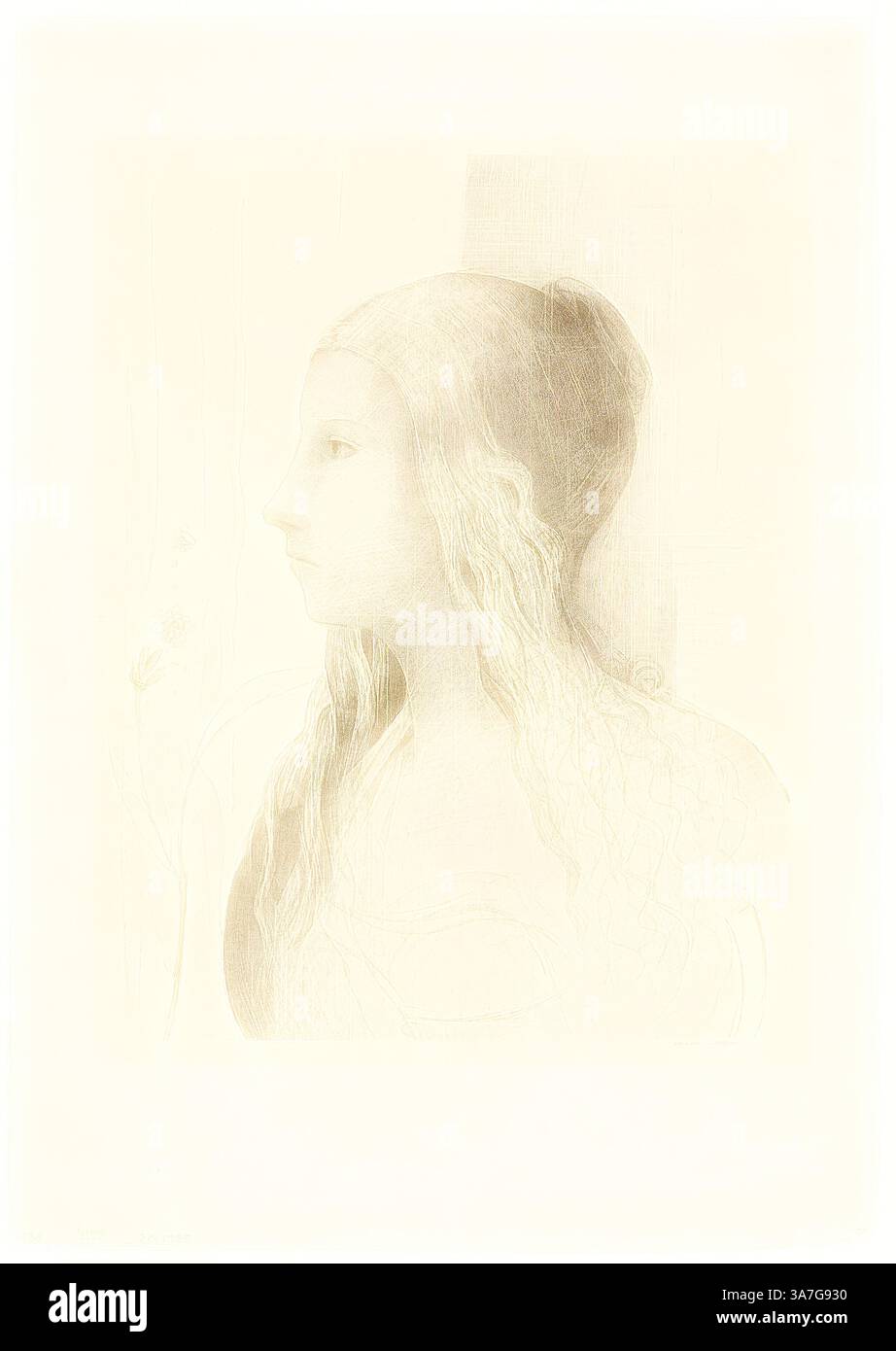 Ein sanft gerendertes Porträt einer jungen Frau, die nachdenklich zur Seite blickt, während ihr langes Haar sanft über ihre Schultern kaskadiert. Zarte Linien und Schattierungen schaffen eine ruhige Atmosphäre, die ihr ruhiges Verhalten unterstreicht. Ein Hauch von floralen Bildern erscheint in der Nähe und verleiht der Komposition einen Hauch von Natur., Klassische Kunst mit modernem Touch neu interpretiert von Artotop, Brünnhilde, 1894, Odilon Redon, Französisch, 1840-1916, Frankreich, Lithografie in Schwarz auf schwerem cremefarbenen Webpapier Stockfoto