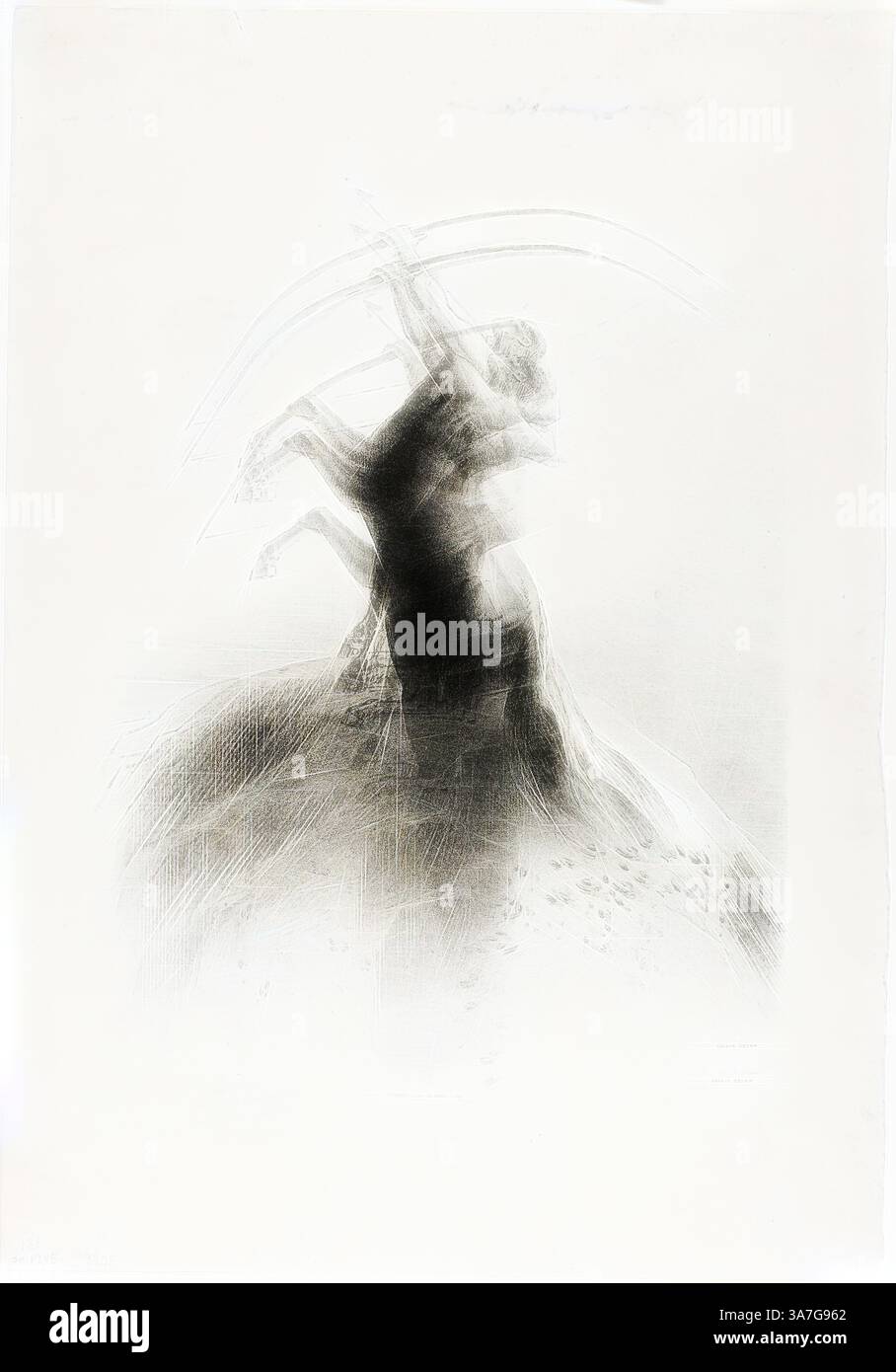 Eine dynamische Figur bewegt sich anmutig über eine strukturierte Oberfläche und fängt die Essenz von Bewegung und Fließfähigkeit ein. Das Zusammenspiel von Licht und Schatten verstärkt das Gefühl der Tiefe und erweckt ein Gefühl ätherischer Eleganz., Klassische Kunst mit modernem Twist neu interpretiert von Artotop, Centaur Taking AIM at the Clouds, 1895, Odilon Redon, Französisch, 1840-1916, Frankreich, Lithographie in Schwarz auf hellgrauem Webpapier Stockfoto