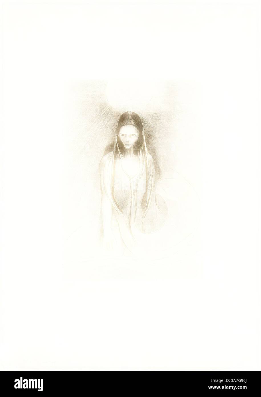 Eine geheimnisvolle Figur mit langen Haaren und einer ätherischen Präsenz blickt direkt auf den Betrachter, umgeben von einem sanften Leuchten, das eine Aura von jenseits-weltlicher Bedeutung suggeriert. Die zarten Linien und die dezenten Schattierungen schaffen eine traumhafte Atmosphäre, die ein Gefühl von Intrige und Besinnung weckt. Klassische Kunst mit einem modernen Twist, neu interpretiert von Artotop, Intelligence Is Mine! Ich wurde Buddha, Platte 12 von 24, 1896, Odilon Redon, Französisch, 1840-1916, Frankreich, Lithografie in Schwarz auf cremefarbenem Porzellanpapier, gelegt auf elfenbeinfarbenem Webpapier Stockfoto