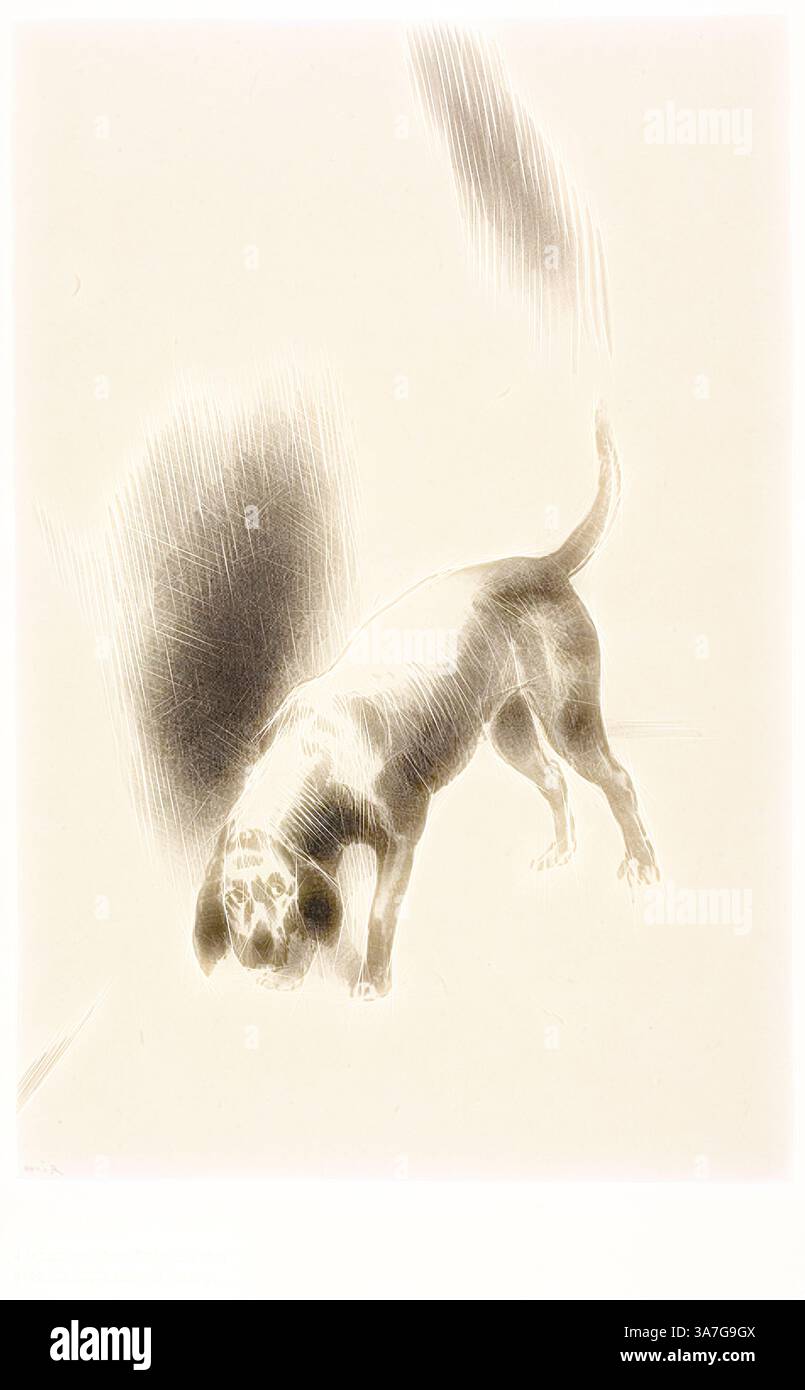 Ein neugieriger Hund kniet dicht an den Boden und erforscht seine Umgebung mit einem fokussierten Ausdruck, die weichen Linien und Schatten betonen seine aufmerksame Haltung., Klassische Kunst mit einer modernen Wendung neu interpretiert von Artotop, Er [der Hund des Erzählers] hielt seine Augen fest auf mich mit einem Look so Strange, Platte 3 von 6, 1896, Odilon Redon, Französisch, 1840-1916, Frankreich, Lithografie in Schwarz auf hellgrauem Porzellanpapier gelegt auf elfenbeinfarbenem Webpapier Stockfoto