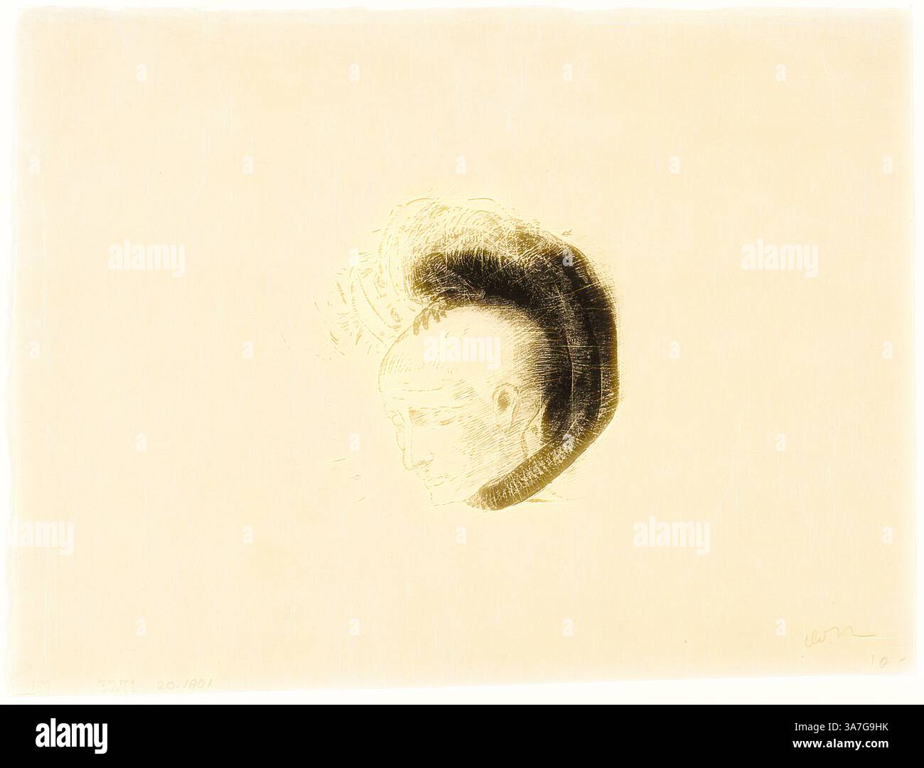 Eine minimalistische Darstellung zeigt ein stilisiertes menschliches Profil, das sich durch eine markante mohawk-Frisur und komplizierte Linienführung vor einem hellen Hintergrund auszeichnet. Das Kunstwerk vermittelt ein Gefühl von Tiefe und Besinnung., Klassische Kunst mit modernem Twist neu interpretiert von Artotop, Frontispiece für Le mouvement idéaliste en peinture (die idealistische Bewegung in der Malerei) von André Mellerio, 1896, Odilon Redon, Französisch, 1840-1916, Frankreich, Lithographie in Schwarz auf cremefarbenem japanischem Papier Stockfoto