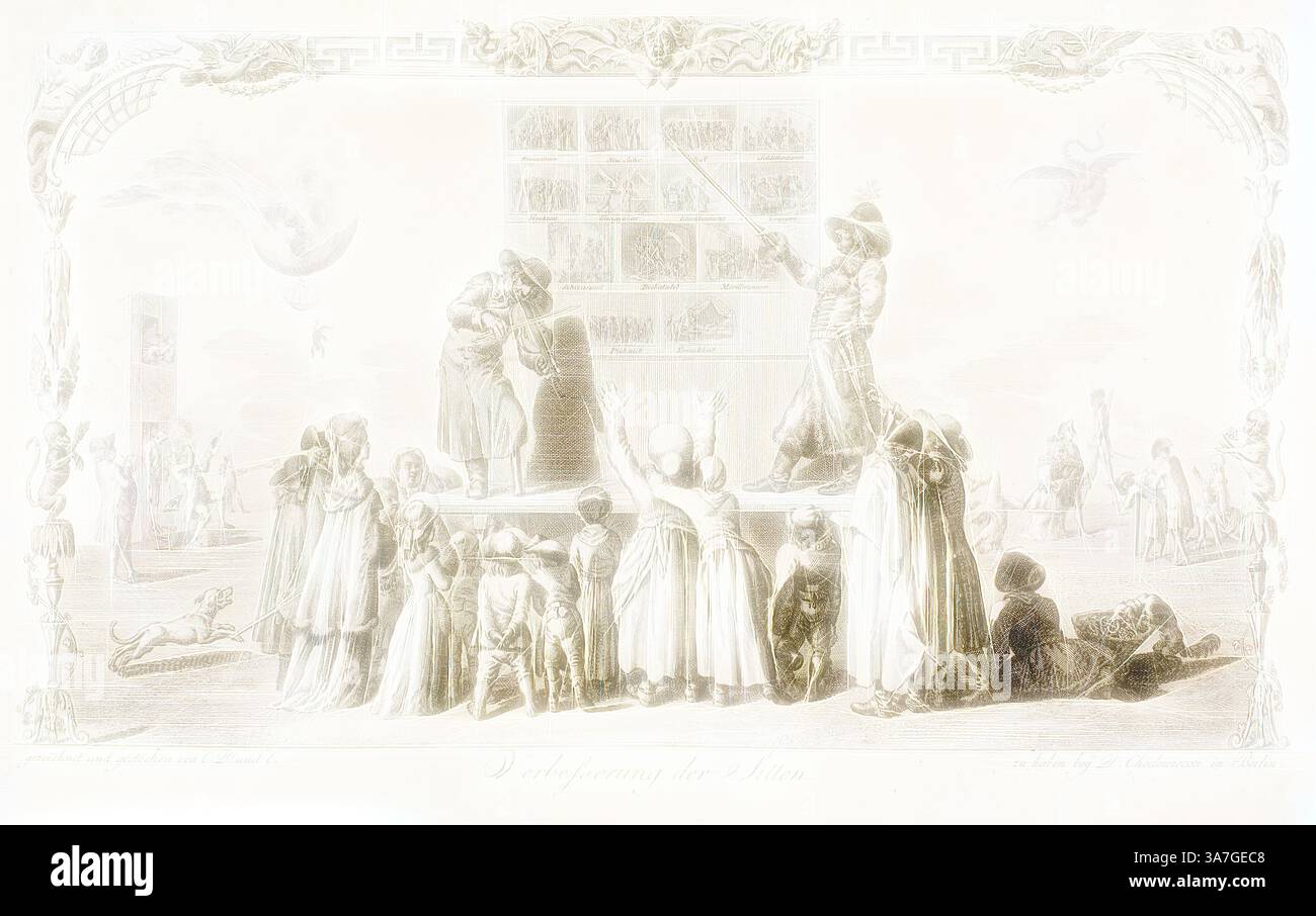 Eine Gruppe elegant gekleideter Figuren versammelt sich um eine zentrale Plattform, auf der ein Darsteller das Publikum in seinen Bann zieht, während er mit einer Kreatur im Käfig interagiert. Die Szene ist voller Staunen und Neugierde, während verschiedene Zuschauer, darunter Kinder und Erwachsene, aufmerksam zusehen, einige sitzen und andere stehen, eingetaucht in die Vorstellung. Die Kulisse bietet schwache Motive, die zur Atmosphäre des Augenblicks beitragen. Klassische Kunst mit modernem Touch neu interpretiert von Artotop, die Verbesserung der Moral, 1786, Daniel Nikolaus Chodowiecki, Deutsch, 1726-1801, Deutschland, Ätzen und Gravieren auf Elfenbein la Stockfoto