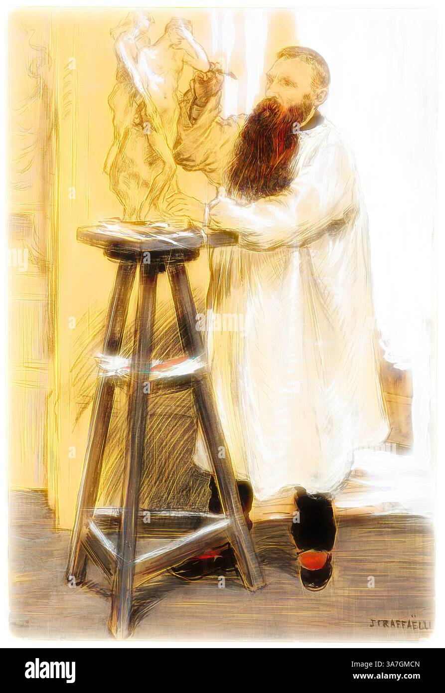 Ein bärtiger Künstler in einem langen weißen Mantel modelliert sorgfältig ein Stück Lehm, während er neben einem Holzhocker steht, um seine Schöpfung zum Leben zu erwecken., Klassische Kunst mit moderner Note neu interpretiert von Artotop, Porträt des Bildhauers Auguste Rodin in seinem Atelier, um 1889, Jean Francois Raffaëlli, Französisch, 1850-1924, Frankreich, undurchsichtiges Aquarell über schwarzem Buntstift, mit Kohle, Pinsel und schwarzer Tinte, und leicht durchscheinende Aquarelle auf brauner Tafel Stockfoto