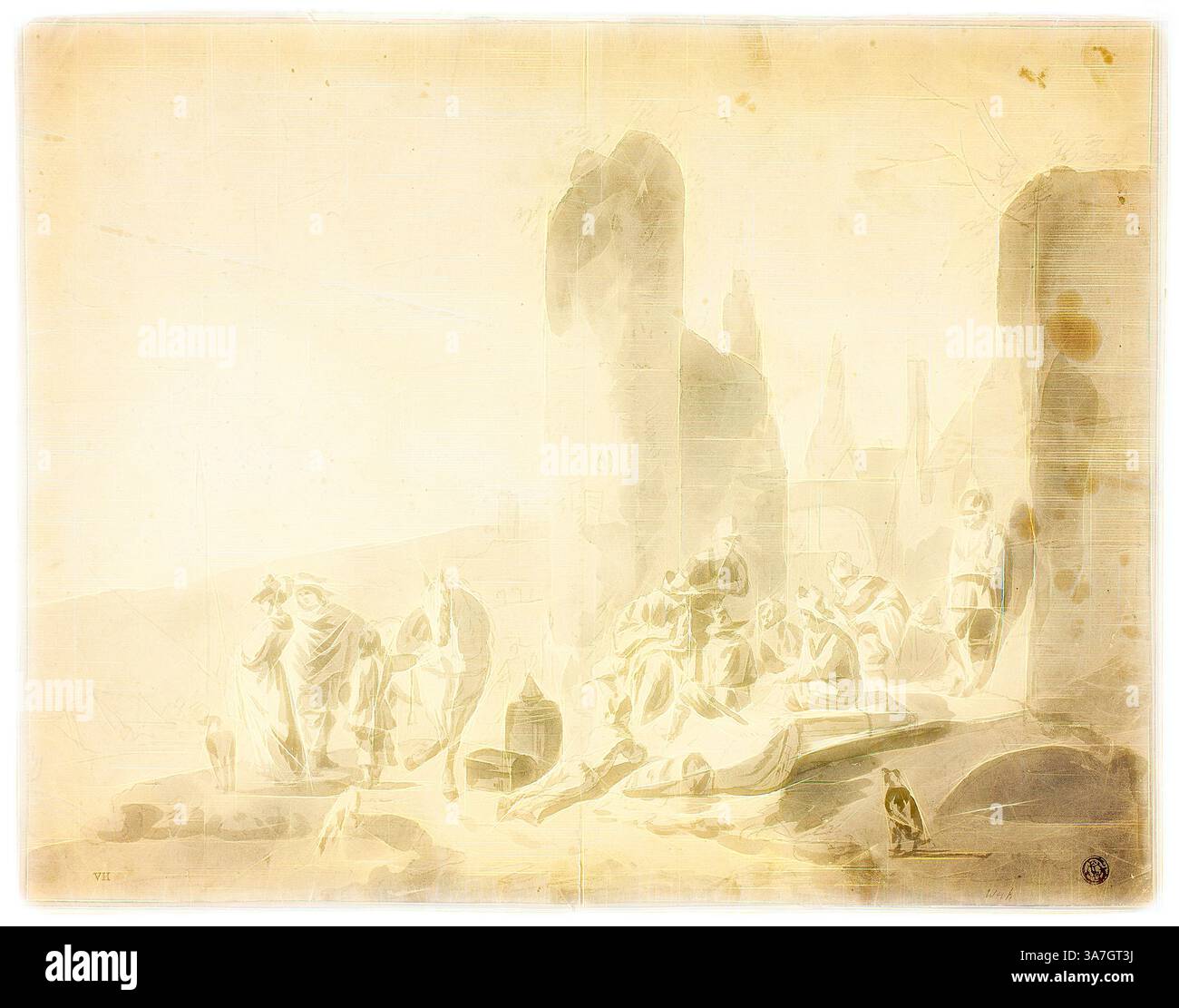 Eine ruhige Szene mit Figuren, die sich in der Nähe von antiken Ruinen versammelt haben, in Gesprächen oder Reflexionen, mit einem sanften Hintergrund einer ländlichen Landschaft und schwachen, fernen Strukturen. Die Atmosphäre weckt ein Gefühl von Zeit und Geschichte, eingetaucht in eine ruhige, besinnliche Stimmung. Klassische Kunst mit modernem Touch, neu interpretiert von Artotop, Harborside Scene mit verschiedenen Figuren, n.d., Hendrik Verschuring (Niederländisch, 1627-1690) oder Thomas Wyck (Niederländisch, 1616-1677) oder Nicolaes Berchem der ältere (Niederländisch, 1621/22-1683), Niederlande, Graphit, mit Pinsel und grauem Papier, auf braunem Papier gelegt Stockfoto