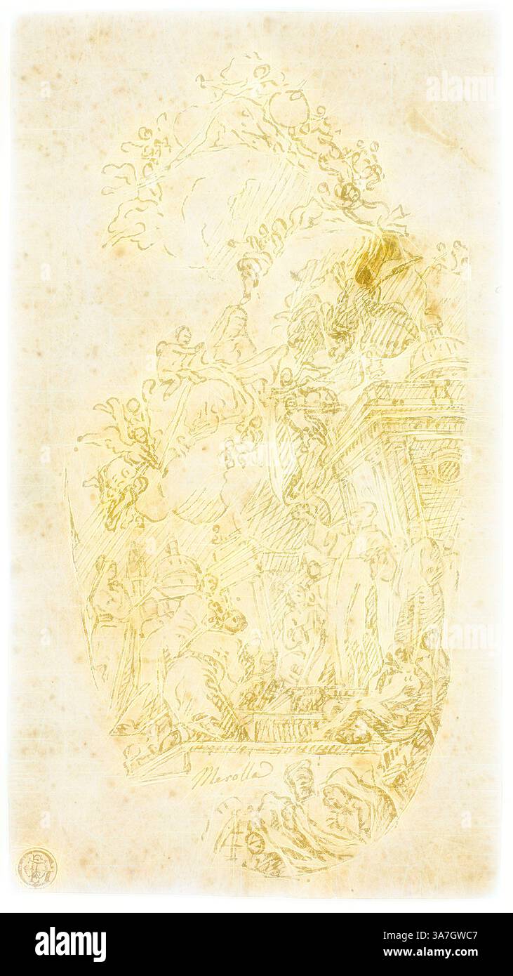Eine Skizze mit komplizierten Details der kunstvollen Architektur und Figuren, mit fließenden Vorhängen und ätherischen Elementen, die auf ein himmlisches oder mythologisches Thema hinweisen. Die Komposition vermittelt ein Gefühl von Bewegung und Pracht., klassische Kunst mit modernem Twist, neu interpretiert von Artotop, Saint Ildefonso erhält ein Chasuble von der Jungfrau, n.d., zugeschrieben Marco Tullio Merolle, Italiener, geb. 1730, Italien, Stift und braune Tinte auf braunem Papier Stockfoto