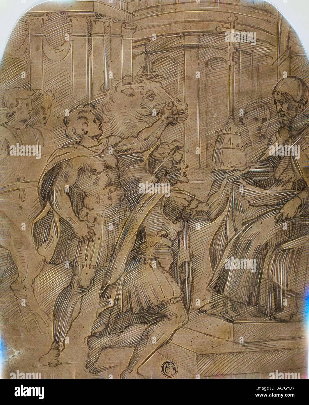 Eine dramatische Szene, in der ein starker Krieger einer sitzenden Figur eine Krone präsentiert, umgeben von Zuschauern, darunter einem Löwen und anderen Charakteren, in klassischer Umgebung., Klassische Kunst mit einer modernen Note, neu interpretiert von Artotop, Studie für Kaiser Konstantin, die Tiara an Papst Sylvester, n.d., nach Raffaello Sanzio, Raffael, italienisch, 1483-1520, Italien, Stift und braune Tinte auf braunem Büttenpapier in Lünettenform, gelegt auf cremefarbenem Büttenpapier Stockfoto