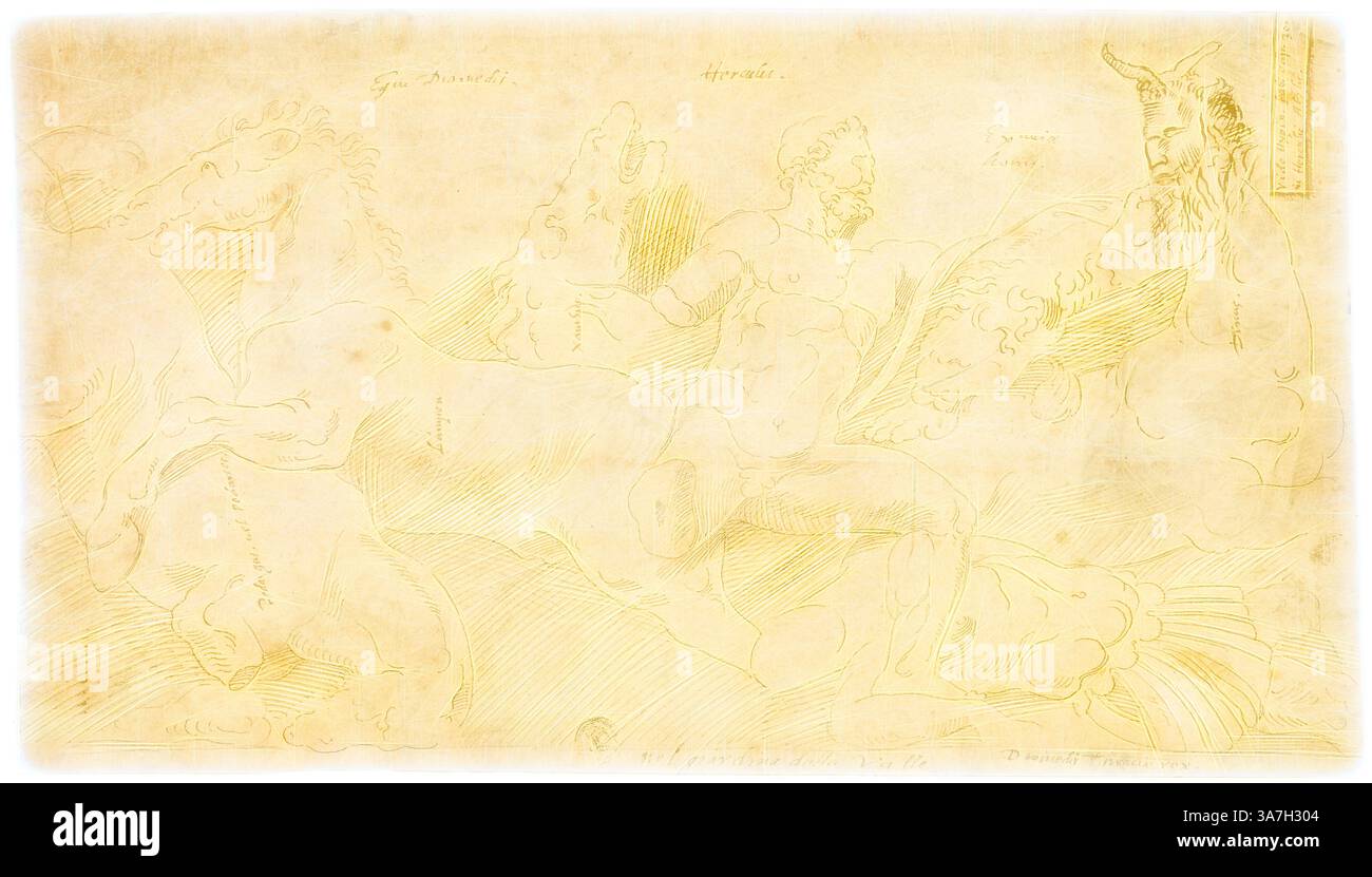 Eine dynamische Komposition mit mythologischen Figuren, die einen muskulösen männlichen Charakter mit einem majestätischen Pferd zeigen, begleitet von einer weiteren mächtigen Figur mit Hörnern. Die Szene fängt ein Gefühl von Bewegung und Energie ein und vermittelt Themen von Stärke und Heldentum., Klassische Kunst mit einer modernen Wendung, neu interpretiert von Artotop, Antike Relief mit Herkules und den Mares von Diomedes (Recto), zwei Skizzen: Drapierter Satyr und geflügelte weibliche Figur (Verso), 1521/56 1556, nach Girolamo Sellari, genannt Girolamo da Carpi, Italienisch, 1501-Tinte und Farbe, Italien, Farbe bis Braun Stockfoto