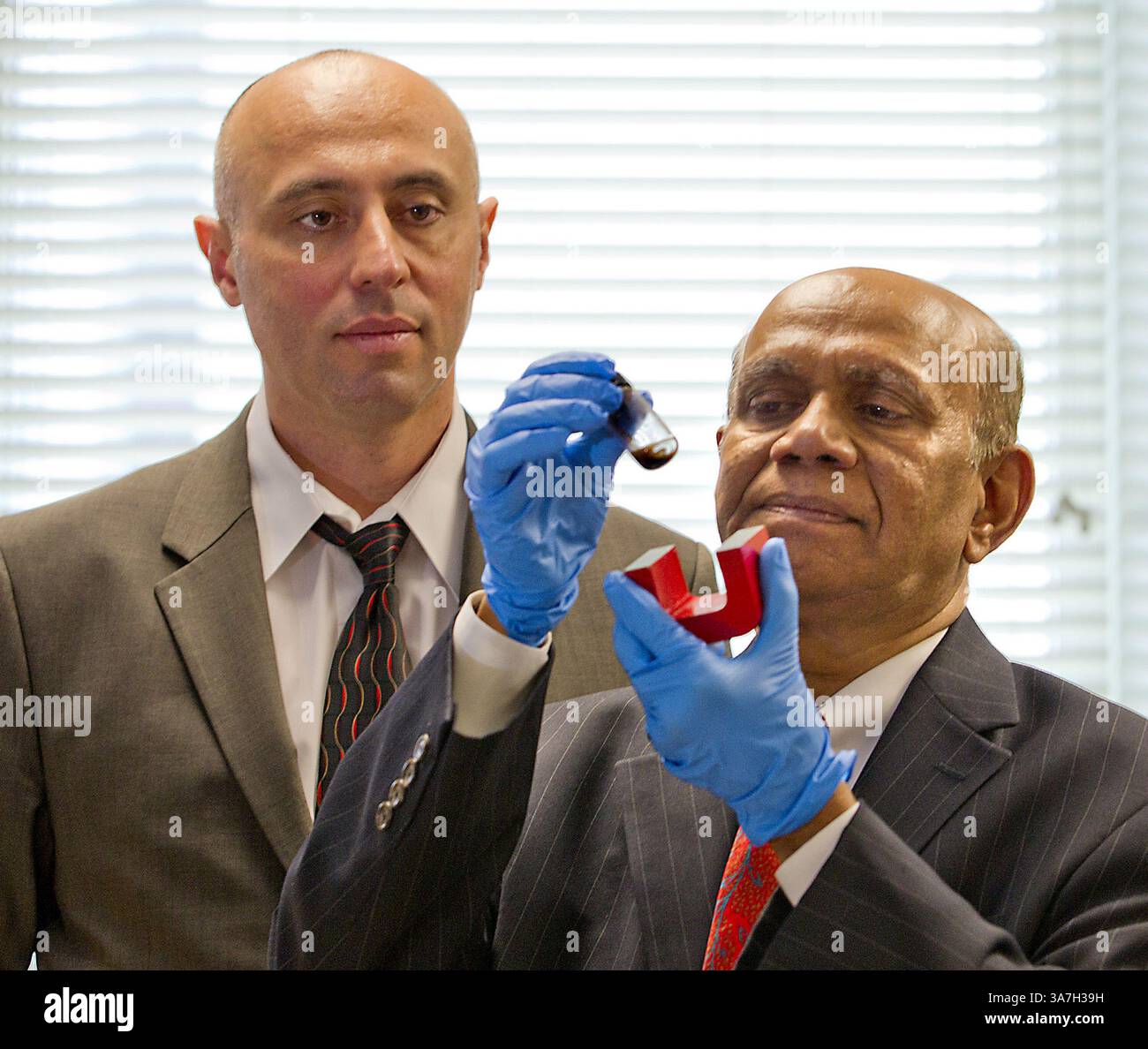 2. Mai 2013 - Miami, FL, USA - Madhavan Nair, Right, und Sakhrat Khizroev, Forscher des Herbert Wertheim College of Medicine der FIU entwickelten eine neue Technik, mit der das Anti-HIV-Medikament AZTTP vollständig in das Gehirn gelangen kann, indem magneto-elektrische Nanopartikel verwendet werden, um die Blut-Hirn-Schranke zu überqueren. Hier demonstrieren die Forscher, wie ein Magnet an den Nanopartikeln zieht, 2. Mai 2013. (Kreditbild: © Patrick Farrell/MCT/ZUMAPRESS.com) Stockfoto