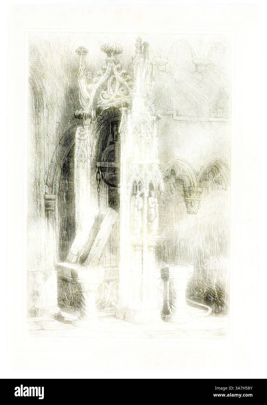 Eine aufwendig gestaltete gotische Struktur mit kunstvollen Bögen und zarten Skulpturen erweckt ein Gefühl zeitloser Schönheit in einer antiken Umgebung. Weiches Licht verstärkt die Details und schafft eine ätherische Atmosphäre., Klassische Kunst mit modernem Touch neu interpretiert von Artotop, at Rattisbone, 1833, Samuel Prout (Englisch, 1783-1852), vermutlich gedruckt von Charles Joseph Hullmandel (Englisch, 1789–1850), wahrscheinlich herausgegeben von Rudolph Ackermann (Englisch, 1764–1834), England, Lithographie in Schwarz auf grau-elfenbeinfarbenem Chine, gelegt auf elfenbeinfarbenem Webpapier Stockfoto