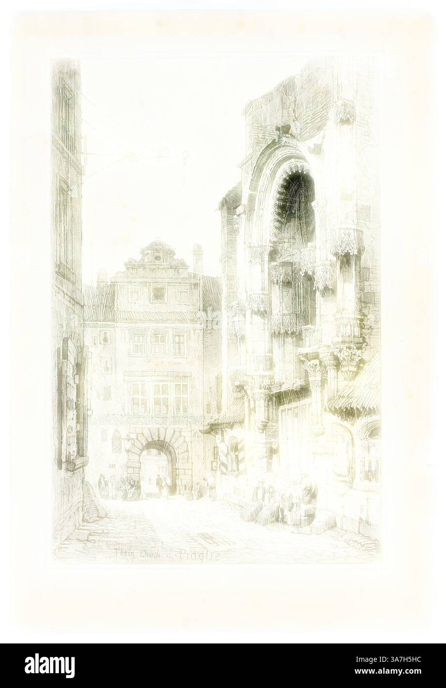 Eine malerische Straßenszene mit detaillierter Architektur, mit historischen Gebäuden, die einen schmalen Durchgang säumen. Die Strukturen zeigen kunstvolle Designs, und die Figuren können im Sitzen und in Gesprächen eingetaucht gesehen werden. Sanfte Beleuchtung verleiht der ruhigen Atmosphäre eine traumhafte Qualität., Klassische Kunst mit modernem Touch neu interpretiert von Artotop, Thein Church, Prag, 1833, Samuel Prout (Englisch, 1783–1852), vermutlich gedruckt von Charles Joseph Hullmandel (englisch, 1789–1850), wahrscheinlich herausgegeben von Rudolph Ackermann (englisch, 1764–1834), England, Lithographie in Schwarz auf grau-elfenbeinfarbenem Chine, gelegt auf elfenbeinfarbenem Papier Stockfoto