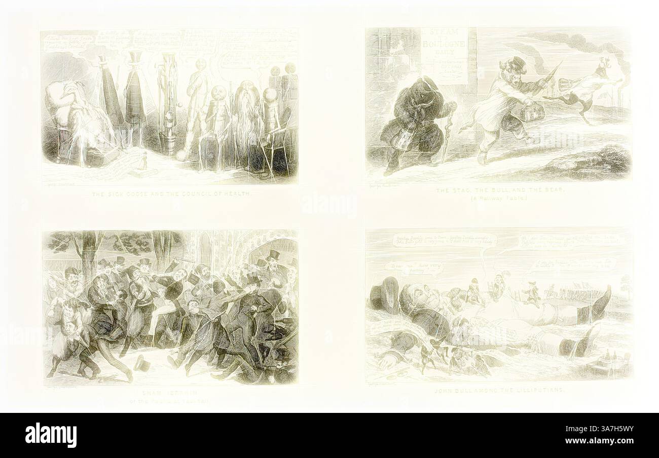 Eine Sammlung historischer Szenen, die verschiedene Momente des Konflikts und des Dramas darstellen, darunter ein Duell, eine chaotische Menge und Figuren in historischen Kleidern, die in animierten Interaktionen aktiv sind. Jede Szene fängt eine eigene Erzählung ein, die die Spannungen und Dynamiken der Zeit enthüllt., Klassische Kunst mit modernem Twist neu interpretiert von Artotop, The Sick Goose und dem Council of Health von George Cruikshanks Stahlätzungen zu den Comic Almanacks: 1835-1853 (oben links), 1847, gedruckt um 1880, George Cruikshank (Englisch, 1792-1878), herausgegeben von Pickering & Chatto (Englisch, 19. Jahrhundert), England, Four ste Stockfoto