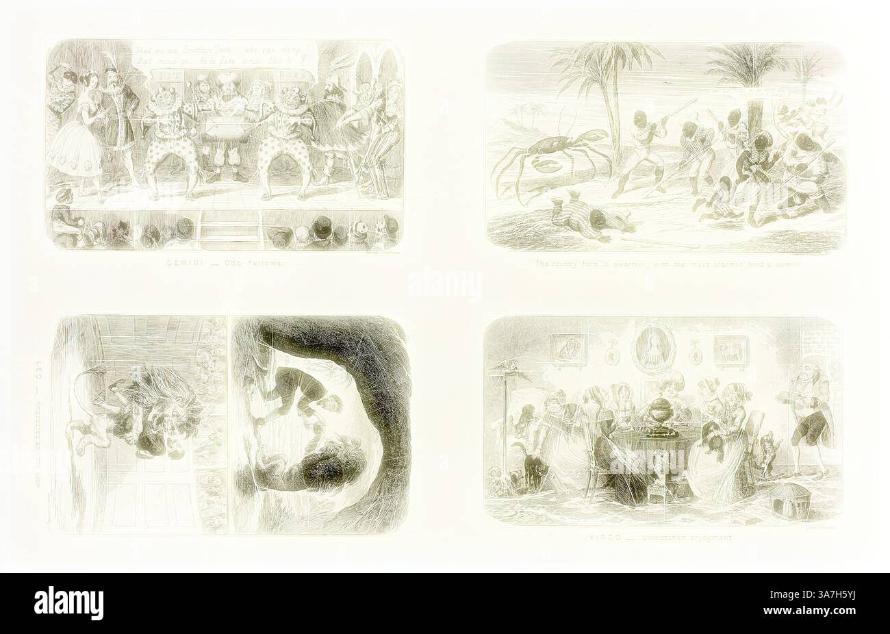 Eine Reihe von vier illustrierten Szenen, die verschiedene Themen darstellen: Eine lebendige Performance mit Entertainern und Publikum, eine dramatische Konfrontation mit einer riesigen Krabbe, eine geheimnisvolle Begegnung in einem schwach beleuchteten Raum und ein geselliges Treffen mit Personen, die sich mit Konversationen und Aktivitäten beschäftigen., Klassische Kunst mit modernem Twist neu interpretiert von Artotop, Gemini, Odd Fellows from George Cruikshank’s Steel Radiings to the Comic Almanacks: 1835-1853 (oben links), 1846, gedruckt um 1880, George Cruikshank: 1792, englisch, 1878, englisch) herausgegeben von Pickering & Chatto (englisch, 19. Jahrhundert), England, vier Stahlätzungen Stockfoto