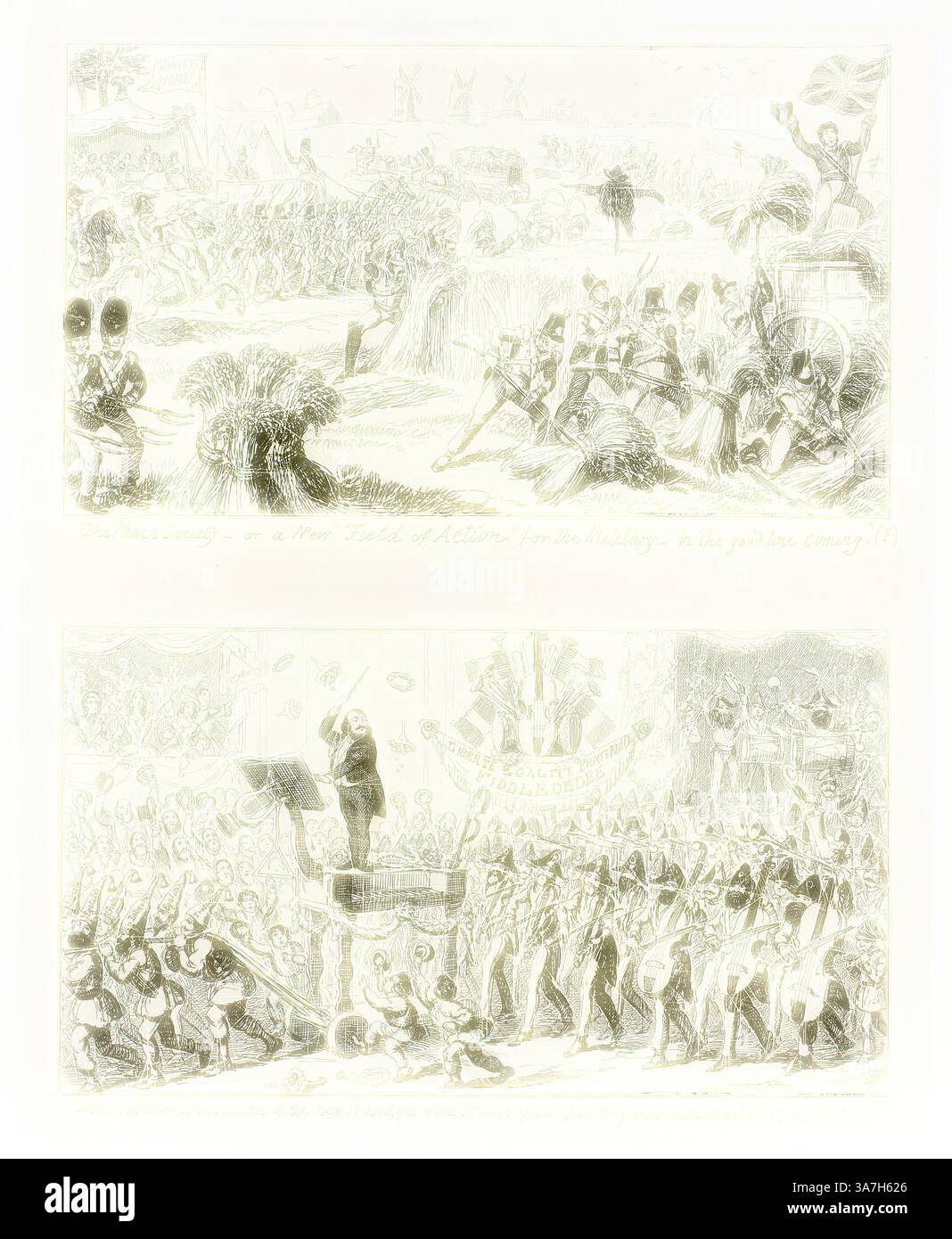 Eine dynamische Szene, die eine historische Schlacht mit Soldaten, Artillerieschuss und dem Chaos des Krieges im Vordergrund darstellt. Im Hintergrund tritt eine Militärband auf, die die festliche Atmosphäre in den Turbulenzen verstärkt. Die Komposition fängt den Kontrast zwischen der Intensität des Kampfes und der Reihenfolge einer Militärparade ein. Klassische Kunst mit modernem Twist neu interpretiert von Artotop, der Peace Society oder A New Field of Action for the Military, in der guten Zeit von George Cruikshanks Stahlätzungen zu den Comic Almanacks: 1835-1853 (TOP), 1852, gedruckt um 1880, George Cruiksh Stockfoto