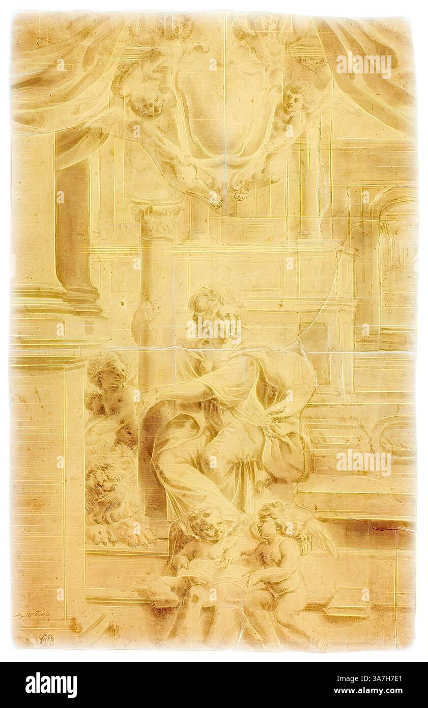 Eine ruhige Szene mit einer Figur in fließenden Gewändern, umgeben von Cherubs und kunstvollen architektonischen Elementen, die auf ein göttliches oder mythologisches Thema hinweisen. Die Komposition strahlt ein Gefühl von Anmut und Eleganz aus, mit komplizierten Details, die die Erzählung des Kunstwerkes unterstreichen. Klassische Kunst mit modernem Touch, neu interpretiert von Artotop, allegorische Figur der Stärke, mit Wappen oben, n.d., zugeschrieben Giovanni Battista Coriolano, Italienisch, vor 1596-1649, Italien, Stift und braune Tinte, mit Pinsel und brauner Waschung, über schwarzer Kreide, mit Einschnitt, auf braunem Papier, mit Einschnitt, auf braunem Papier, auf ivor ivor ivor ivur gelegt Stockfoto