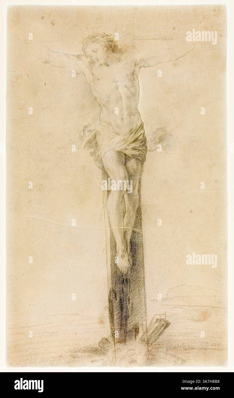 Eine Darstellung Christi am Kreuz, die einen Moment tiefer Trauer und Opfer zeigt, wobei die Form und der Ausdruck des Leidens der Figur betont werden. Der Hintergrund ist mit weichen Linien und Texturen versehen, die die emotionale Schwerkraft der Szene verstärken., klassische Kunst mit modernem Touch, neu interpretiert von Artotop, Christ am Kreuz, n.d., zugeschrieben Sebastiano Conca, italienisch, 1680-1764, Italien, Schwarze Kreide mit einem Hauch weißer Kreide, auf braunem Büttenpapier Stockfoto