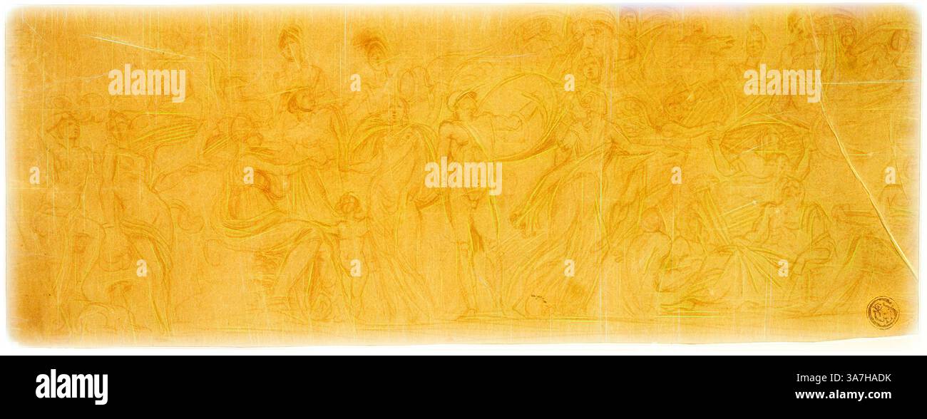Eine dynamische Szene, in der verschiedene Figuren in ausdrucksstarken Posen dargestellt werden, die Bewegung und Emotionen vermitteln. Elemente von Drapierung und klassischer Kleidung deuten auf ein Thema von historischer oder mythologischer Bedeutung hin. Die komplizierten Details und fließenden Linien schaffen ein Gefühl von Tiefe und Interaktion zwischen den Charakteren., Klassische Kunst mit einem modernen Twist, neu interpretiert von Artotop, Sarkophag mit Urteil von Paris, n.d., zugeschrieben Pierre Brebiette, Französisch, 1598-c. 1650, Frankreich, Rote Kreide auf braunem, gefärbtem Büttenpapier, gelegt auf elfenbeinfarbenem Webpapier Stockfoto