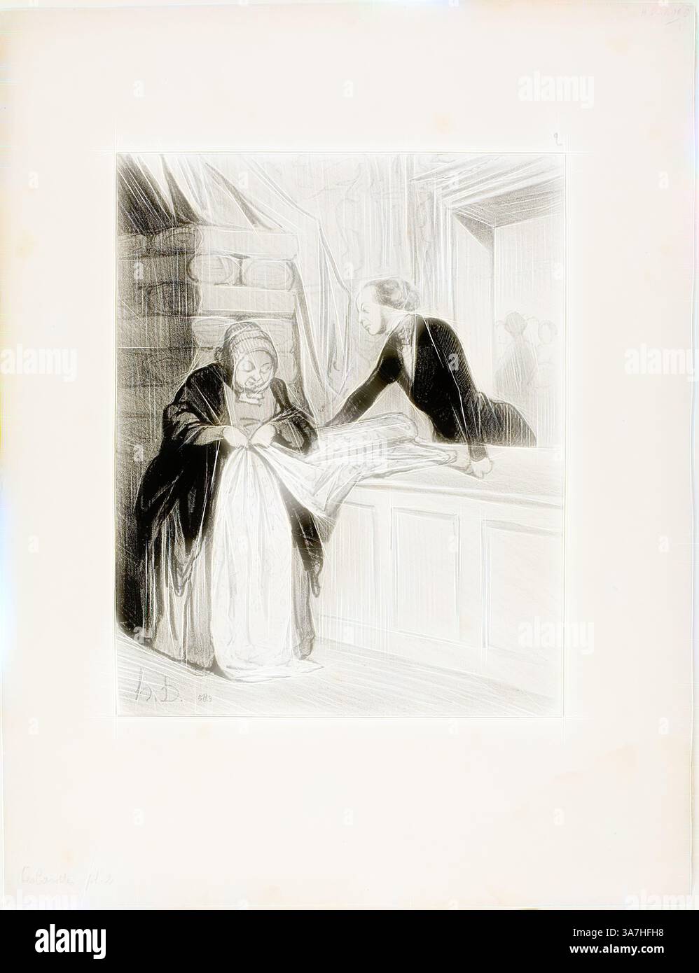 Eine Frau sitzt an einem Tisch und untersucht ein Stück Stoff mit einem konzentrierten Blick, während ein Mann sich beugt, um ihr zu helfen. Die Szene fängt einen Moment der Zusammenarbeit ein, was vielleicht darauf hindeutet, dass der Fokus auf Textilarbeiten oder Design in einem Wohnbereich liegt. Weiche Linien und Schattierungen wecken ein Gefühl von Intimität und Liebe zum Detail. Klassische Kunst mit modernem Touch, neu interpretiert von Artotop, dem Hoax des Verkäufers. - Ein Design aus der Mode. Diese Art von Stoff hat einen herrlichen Schatten, Madame ist die erste, der ich es gezeigt habe…. All unsere jungen Frauen werden sich dafür auseinanderreißen. Was für ein charmantes Design... i Stockfoto