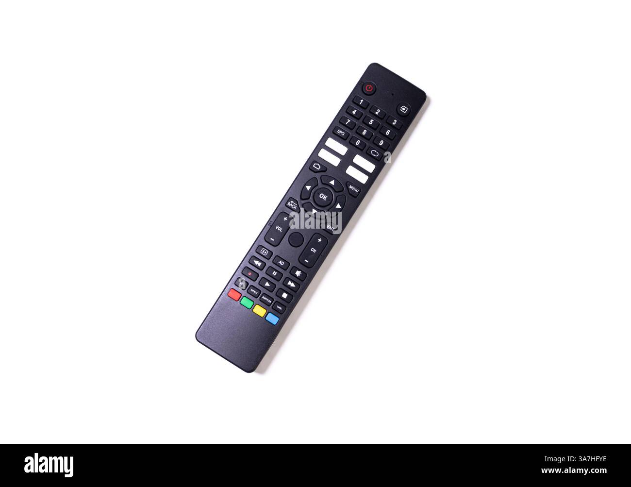 TV-Fernbedienung isoliert auf weißem Hintergrund. Nach Bearbeitungen. Stockfoto