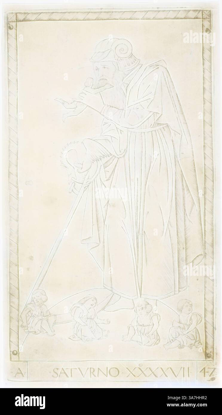 Eine Figur in fließenden Gewändern steht mit einem Stab, der mit mehreren kleineren Figuren zu seinen Füßen, umgeben von komplizierten dekorativen Rändern, interagiert. Die Szene schlägt ein narratives oder mythologisches Thema vor, das einen Sinn für alte Weisheit und Autorität weckt., Klassische Kunst mit modernem Twist neu interpretiert von Artotop, Saturn, Platte 47 aus Planeten und Sphären, um 1465, Meister der E-Serie Tarocchi, Italienisch, aktiv um 1465, Italien, Gravur auf Papier Stockfoto