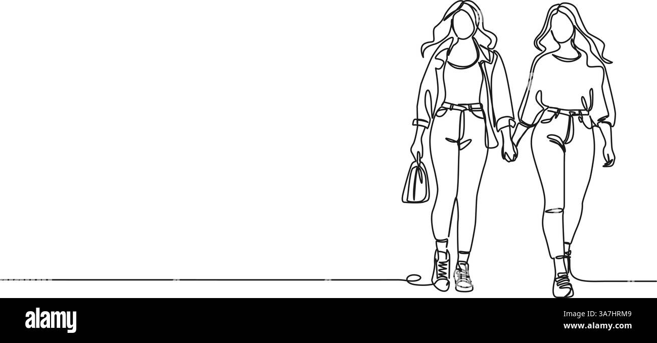 Ununterbrochene einzeilige Zeichnung von zwei jungen Frauen, die Hände halten, Linie Art Vektor Illustration Stock Vektor