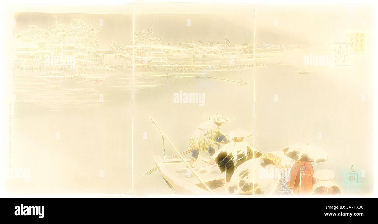 Eine ruhige Szene entfaltet sich auf einem ruhigen Wasserweg mit einem kleinen Boot mit drei Figuren. Sie tragen traditionelle Kleidung, ihre großen Hüte spenden Schatten, während sie durch das ruhige Wasser navigieren, umgeben von üppigen Landschaften und entfernten Gebäuden. Die Atmosphäre weckt ein Gefühl von Frieden und Harmonie mit der Natur., Klassische Kunst mit modernem Touch neu interpretiert von Artotop, zweiter Monat: Matsuchi Hill in Snow at Dusk (Kisaragi, Matsuchiyama yuki no tasogare), aus der Serie True Views of Famous Places in Tokyo (Tokyo meisho shinkei no uchi), 1896, Kobayashi Kiyochika, Japanisch, 1847-1915, Japan, Colo Stockfoto