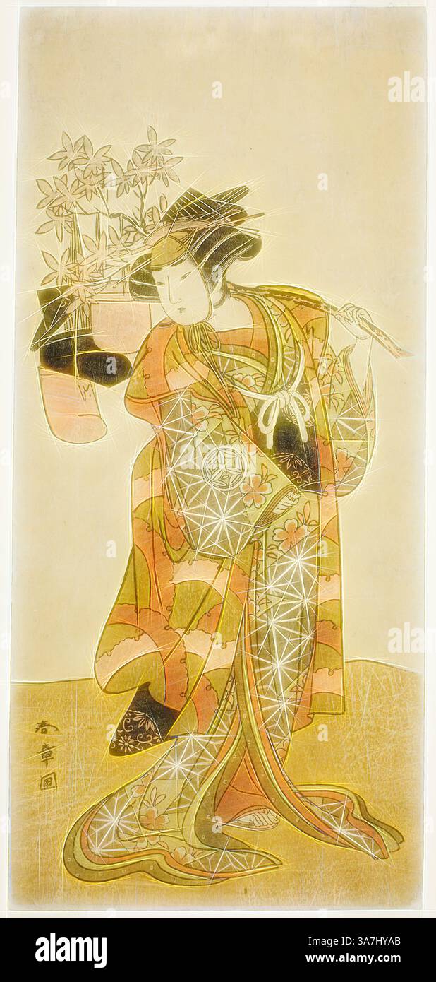 Eine anmutige Figur in einem traditionellen Kimono tanzt in zarten Blumenmustern und verkörpert Eleganz und kulturelles Erbe. Die komplizierten Details und sanften Farbtöne unterstreichen die ruhige Atmosphäre und heben die Schönheit der japanischen Kunst hervor. Klassische Kunst mit modernem Twist neu interpretiert von Artotop, dem Schauspieler Yamashita Kinsaku II als Odai, ein Eboshi (Hut) Verkäufer, in dem Spiel Hana-zumo Genji Hiiki, aufgeführt im Nakamura Theater im elften Monat 1775, ca. 1775, Katsukawa Shunsho 勝川 春章, Japan, 1726-1792 Holzschnitt Hosoban Stockfoto