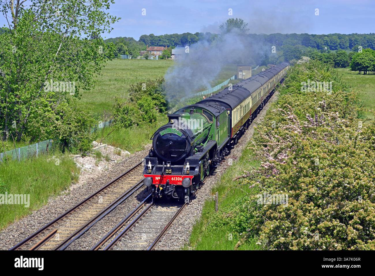 Steam Dreams Portsmouth Harbour Exkursion ab Shoeburyness wird am Southleigh Forest nördlich von Rowlands Castle vorbei gesehen. Die Lokomotive ist Mayflower. Stockfoto